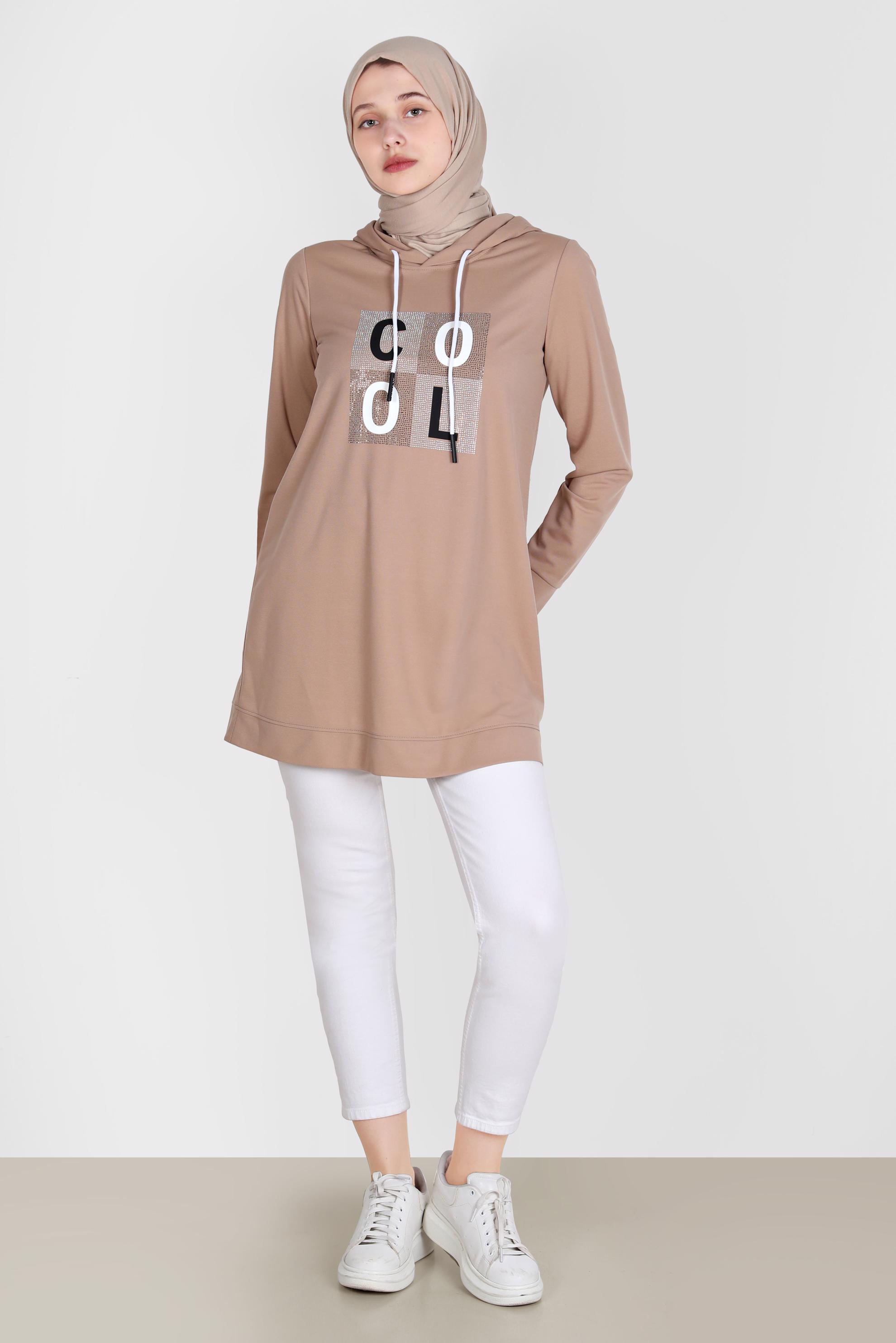 Tesettür giyim KAHVE TAŞ BASKILI EŞOFMAN TUNİK 42741	