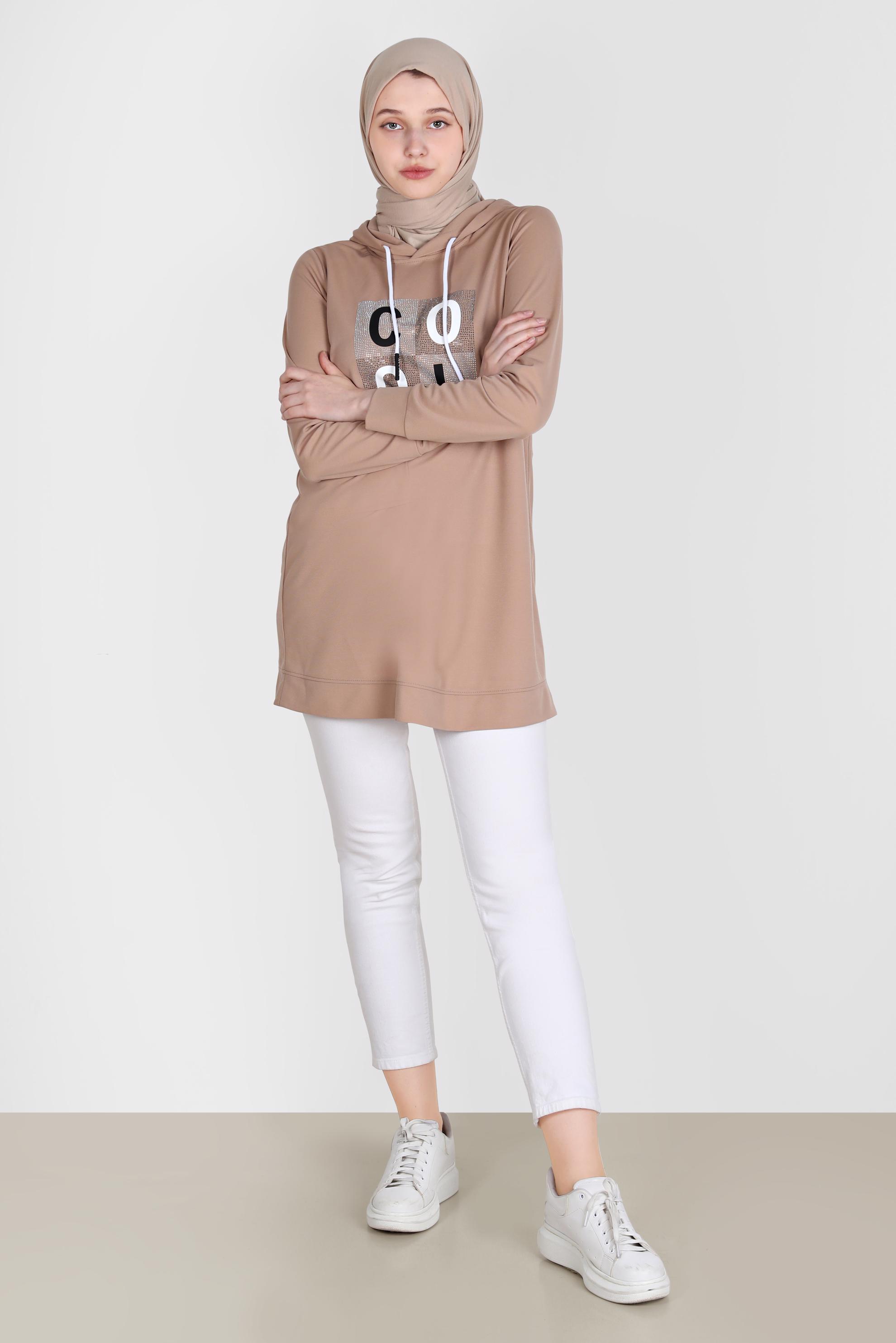 Tesettür giyim KAHVE TAŞ BASKILI EŞOFMAN TUNİK 42741	