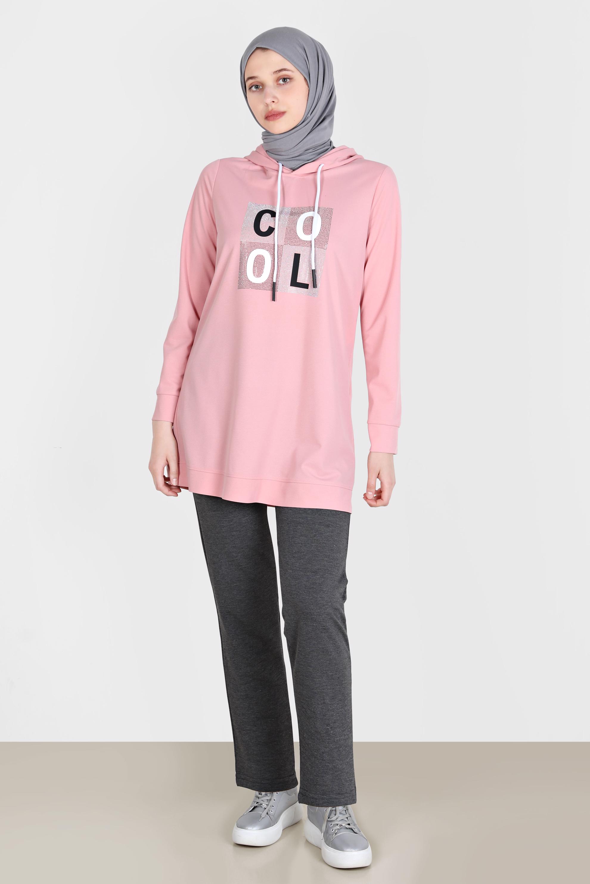 Tesettür giyim PUDRA TAŞ BASKILI EŞOFMAN TUNİK 42741	