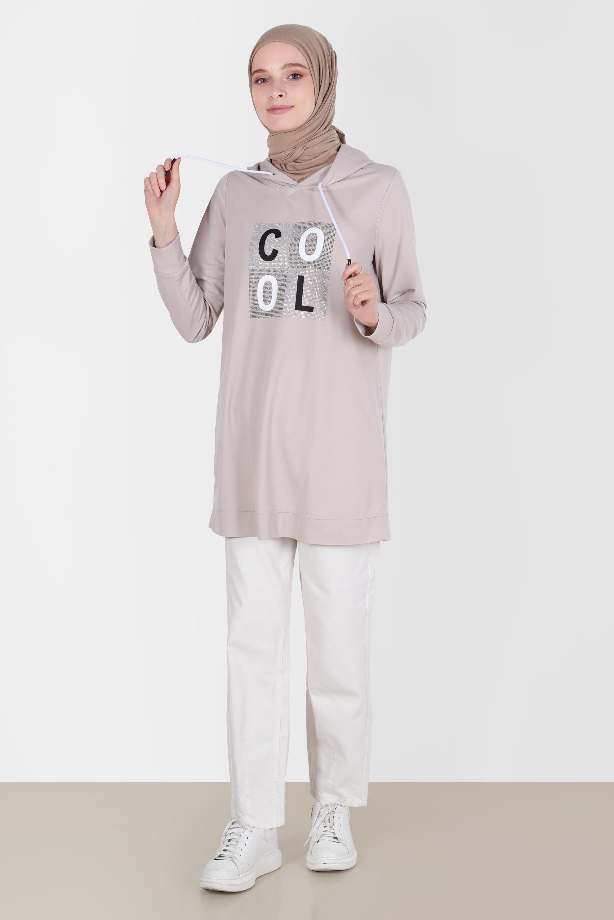 Tesettür giyim BEJ TAŞ BASKILI EŞOFMAN TUNİK 42741	