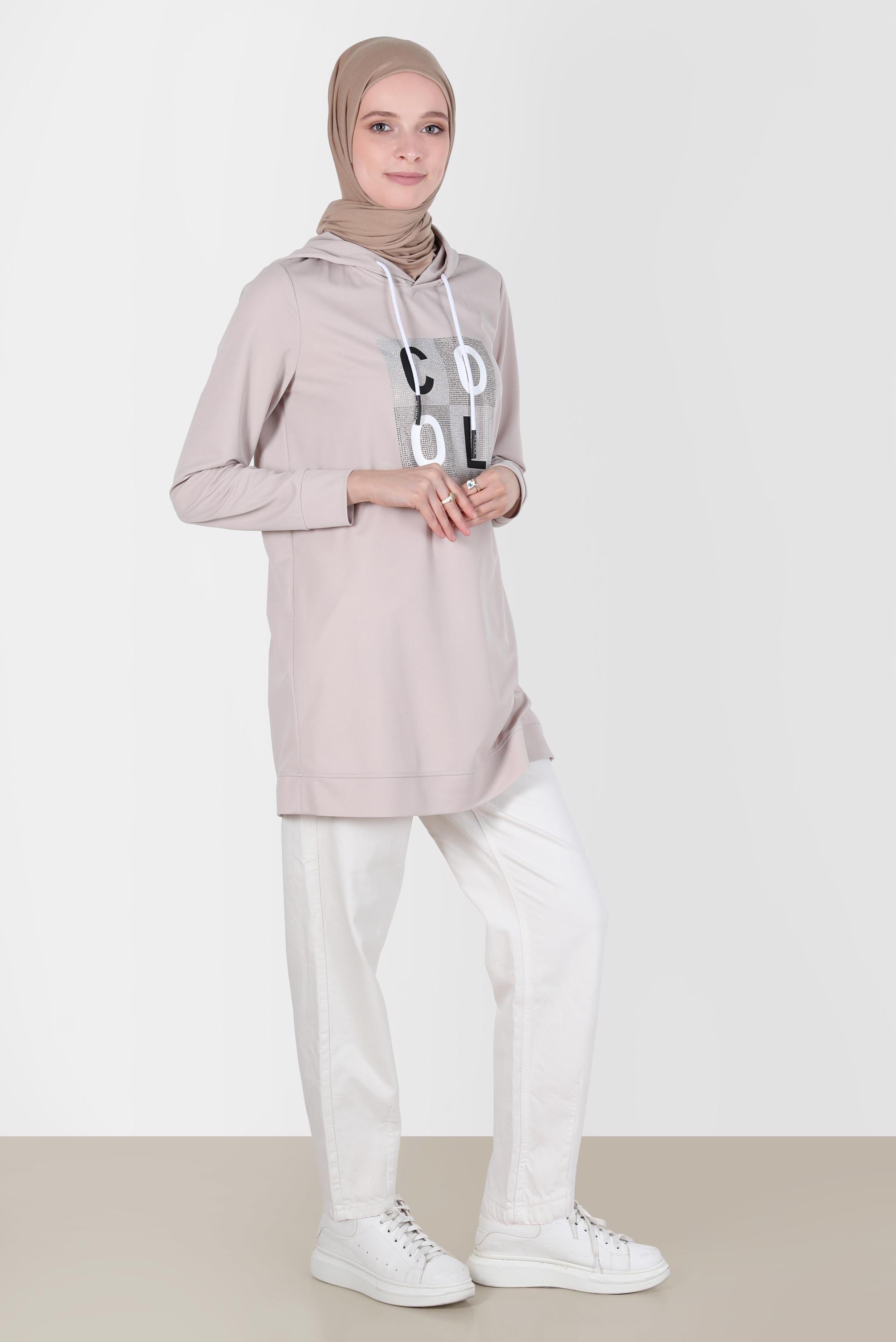 Tesettür giyim BEJ TAŞ BASKILI EŞOFMAN TUNİK 42741	