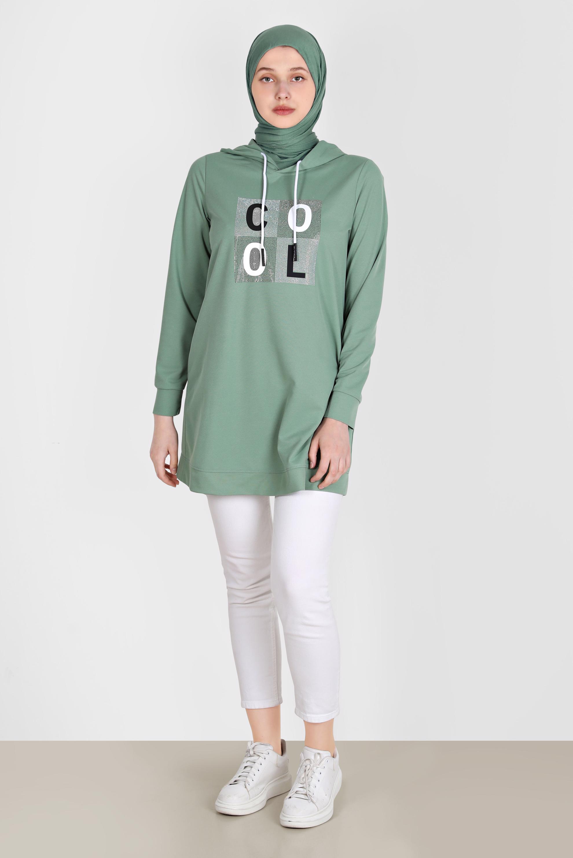 Tesettür giyim YEŞİL TAŞ BASKILI EŞOFMAN TUNİK 42741	