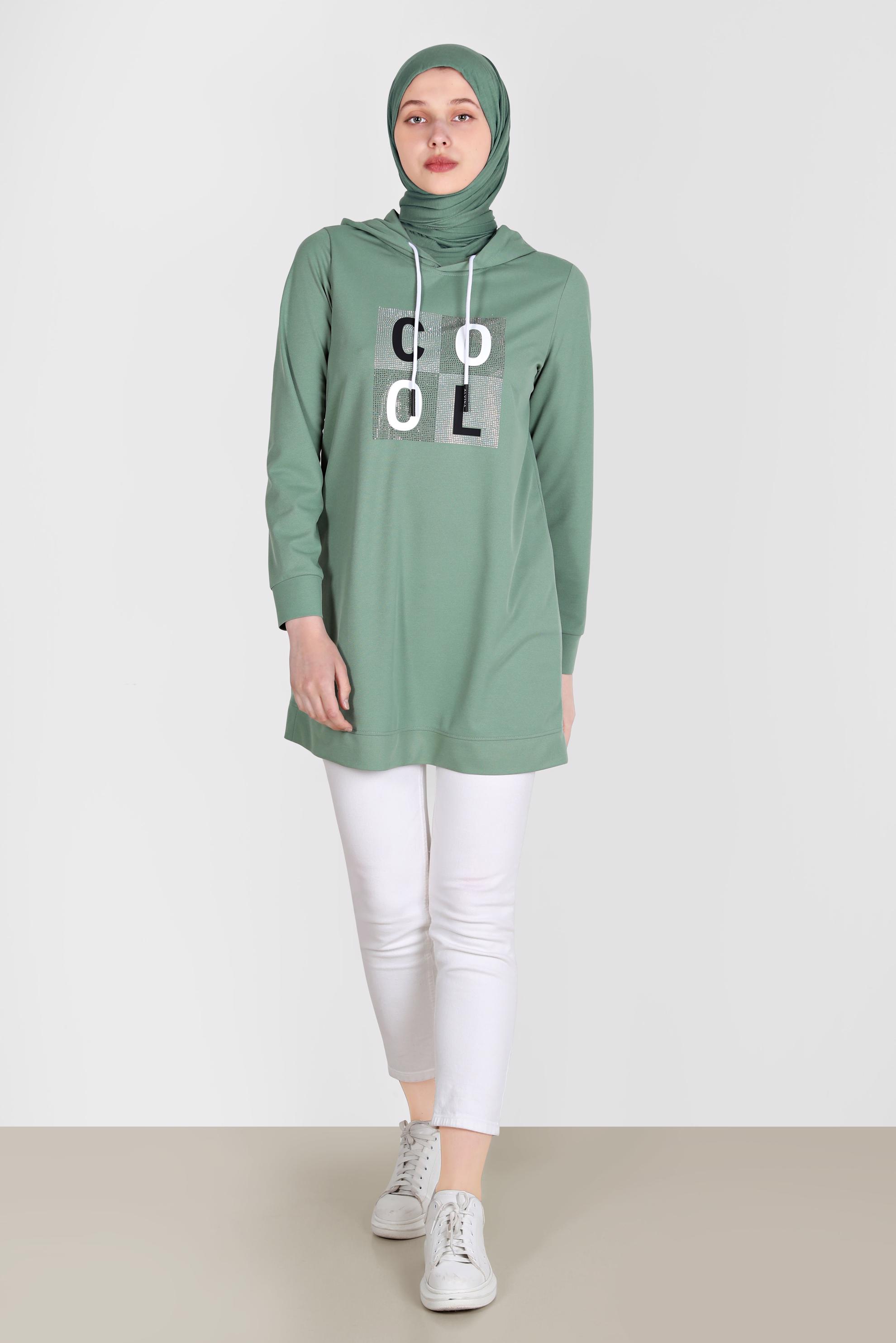 Tesettür giyim YEŞİL TAŞ BASKILI EŞOFMAN TUNİK 42741	