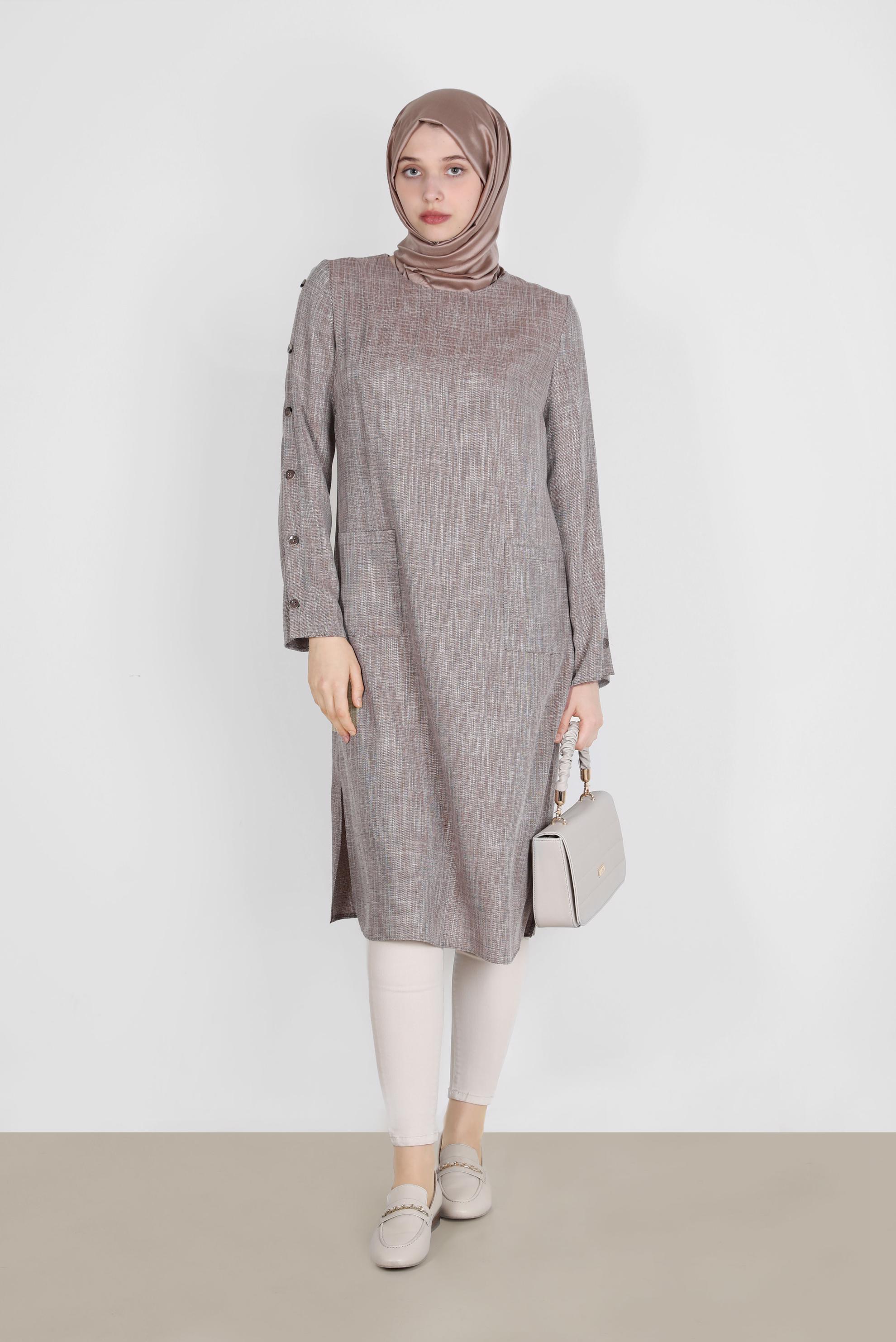 Tesettür giyim KAHVE KOLLARI DÜĞME DETAYLI TUNİK 42745 