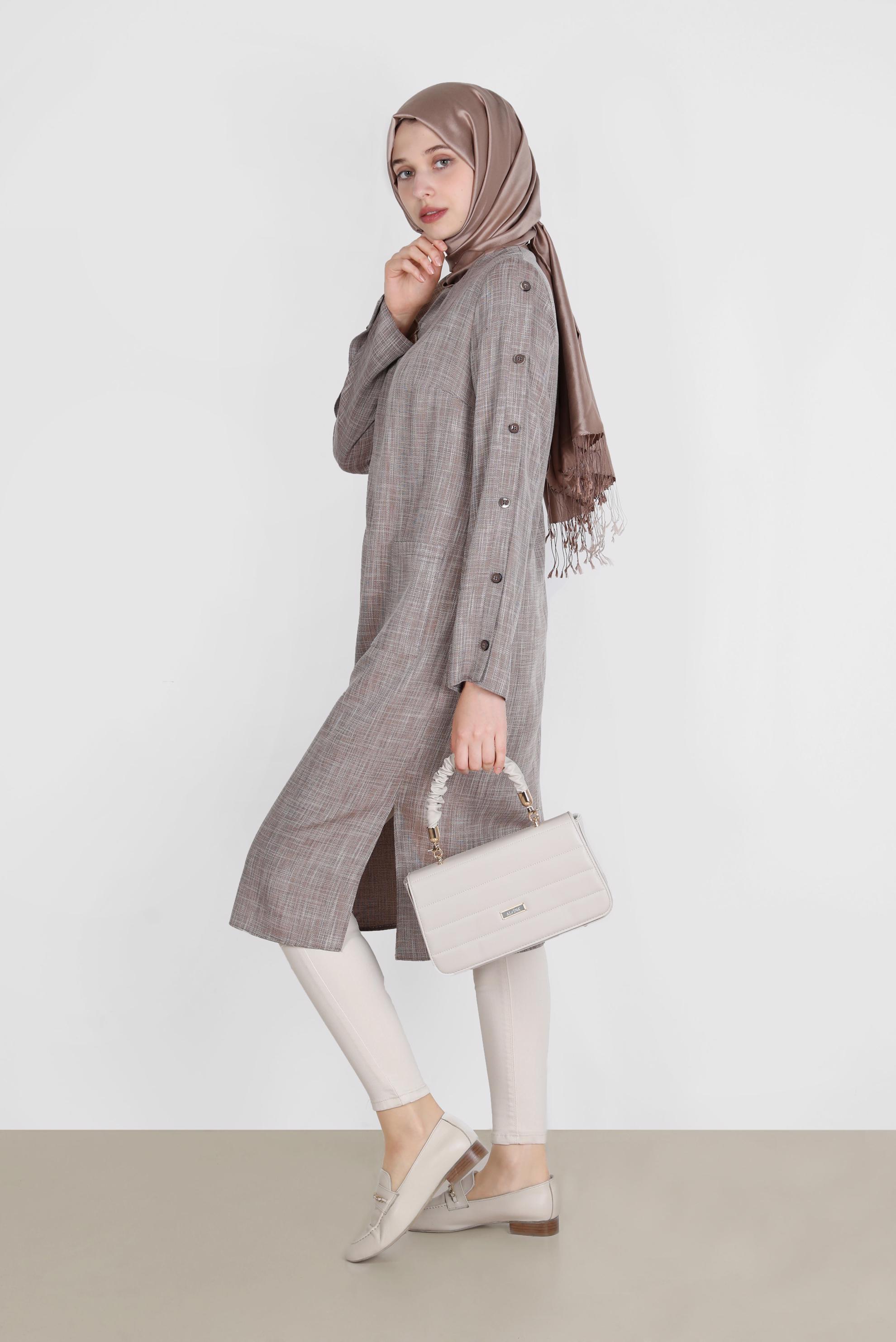 Tesettür giyim KAHVE KOLLARI DÜĞME DETAYLI TUNİK 42745 