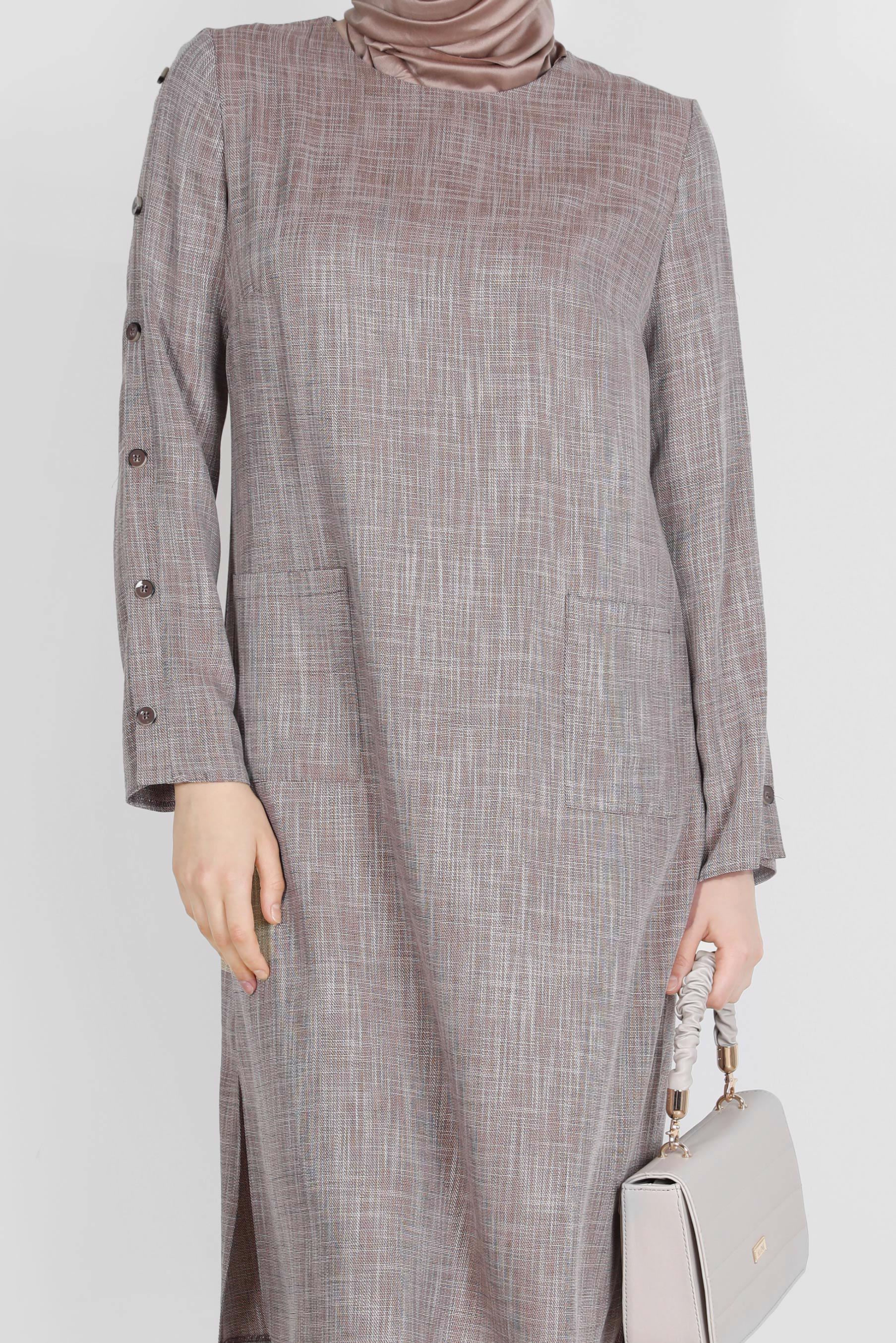 Tesettür giyim KAHVE KOLLARI DÜĞME DETAYLI TUNİK 42745 