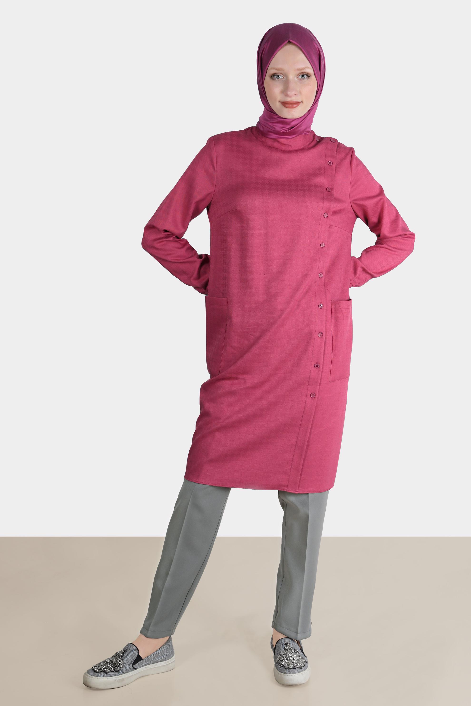 Tesettür giyim FUŞYA KAZAYAĞI DESENLİ DÜĞMELİ TUNİK 42746 
