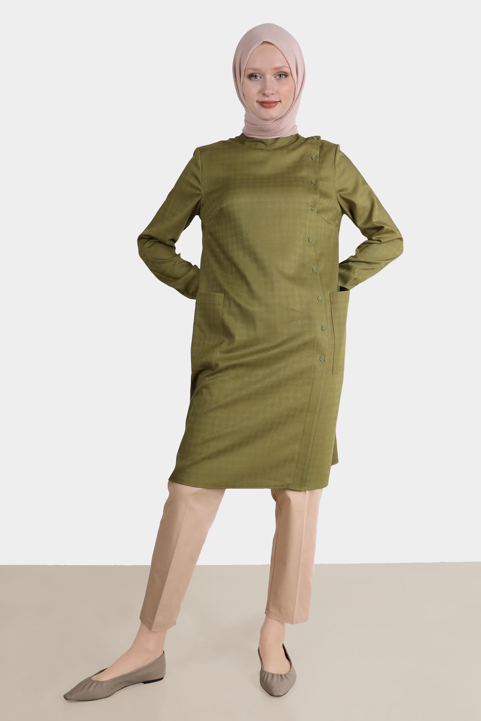 Tesettür giyim HAKİ KAZAYAĞI DESENLİ DÜĞMELİ TUNİK 42746 