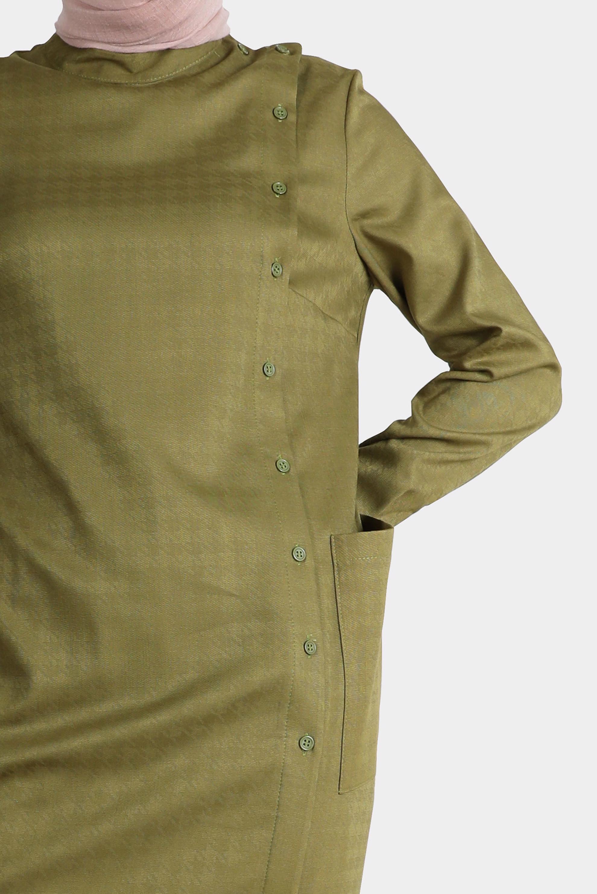 Tesettür giyim HAKİ KAZAYAĞI DESENLİ DÜĞMELİ TUNİK 42746 