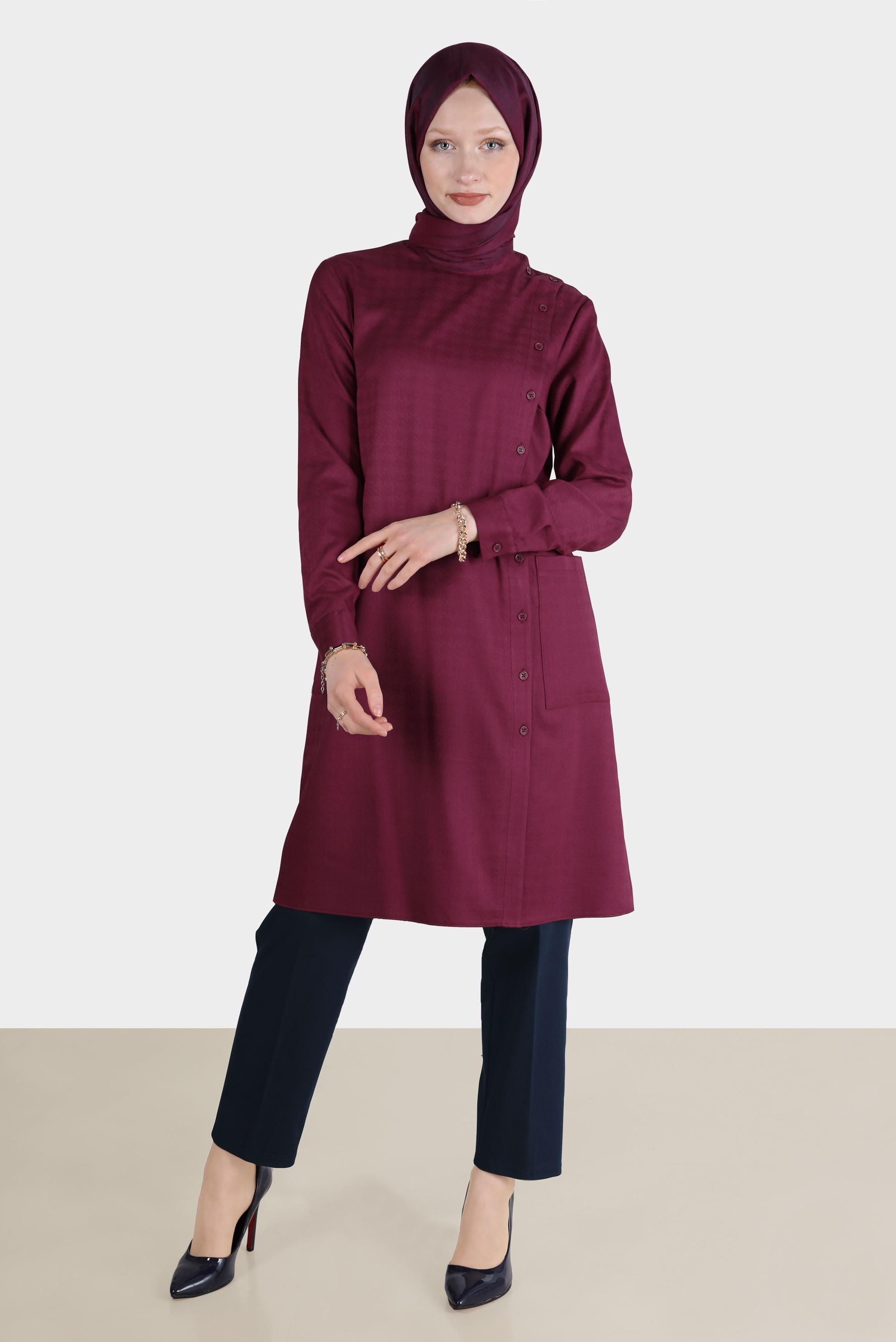 Tesettür giyim FUŞYA KAZAYAĞI DESENLİ DÜĞMELİ TUNİK 42746 