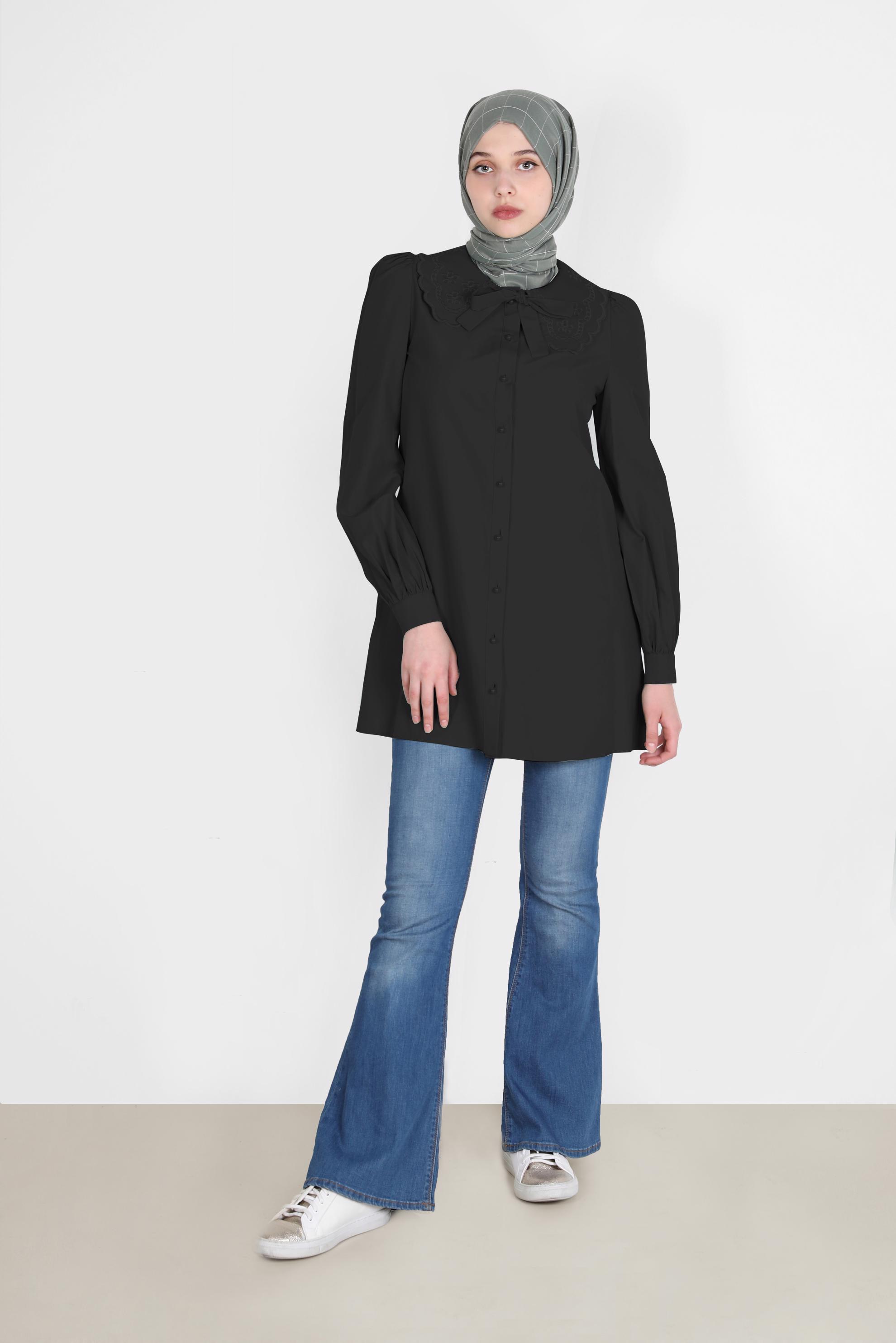Tesettür giyim SİYAH BEBE YAKA DÜĞMELİ PAMUKLU TUNİK 42748 