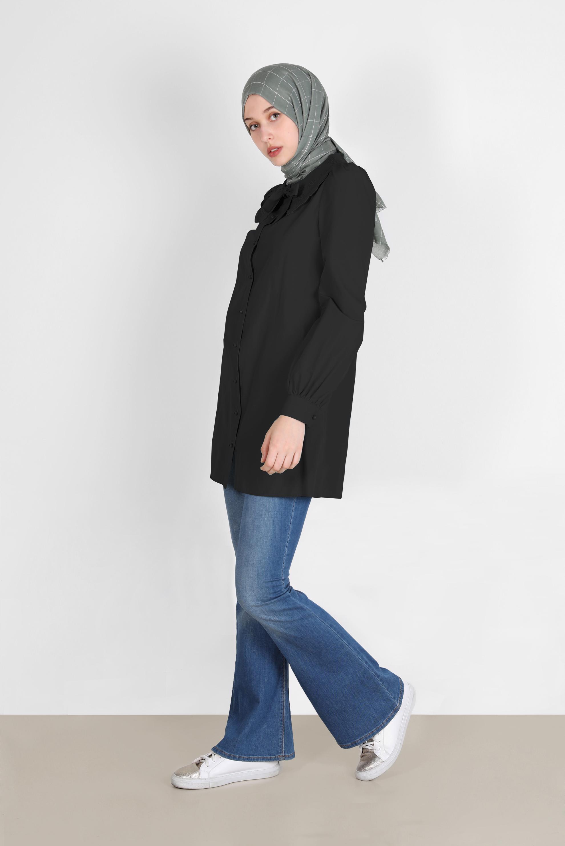 Tesettür giyim SİYAH BEBE YAKA DÜĞMELİ PAMUKLU TUNİK 42748 