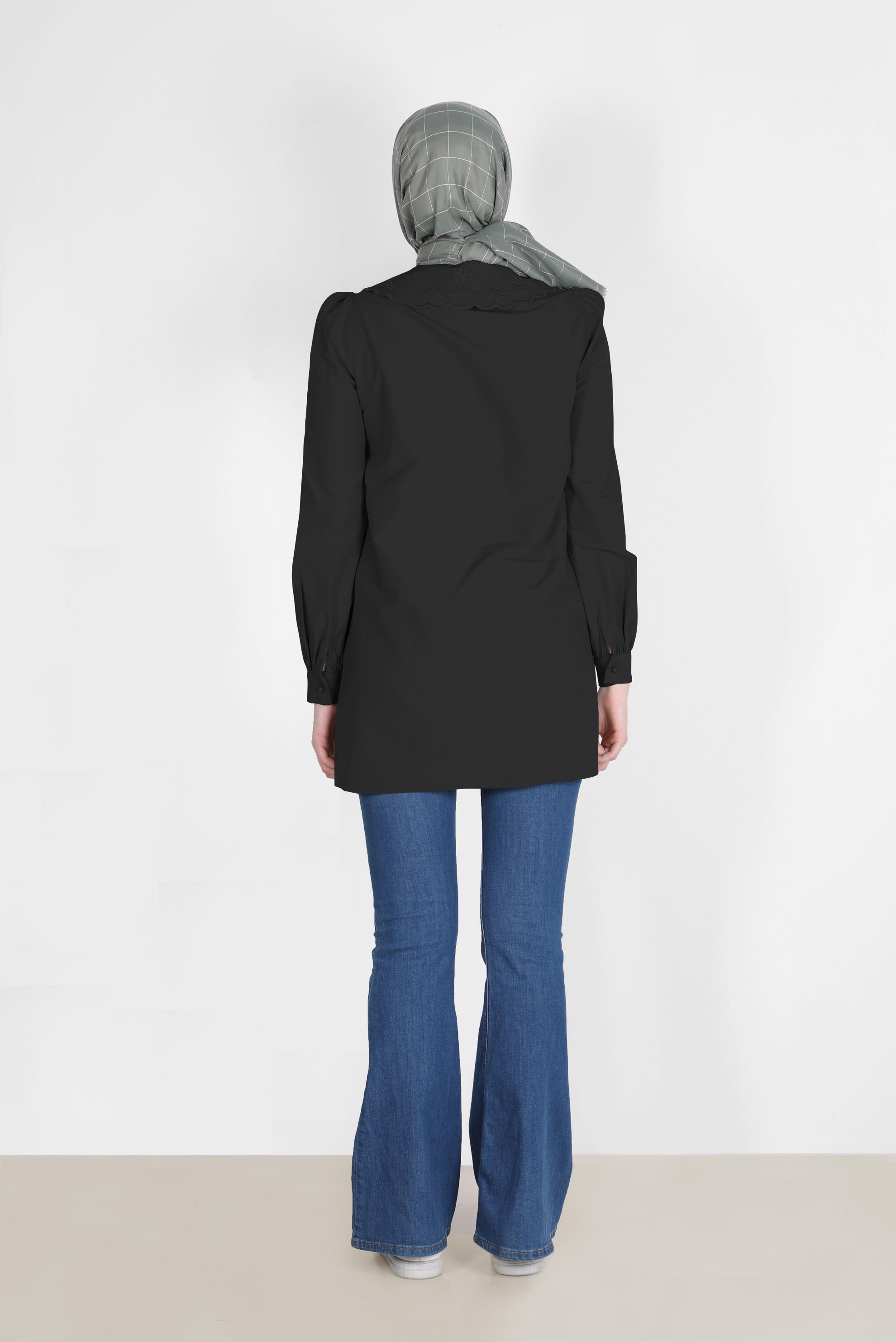 Tesettür giyim SİYAH BEBE YAKA DÜĞMELİ PAMUKLU TUNİK 42748 