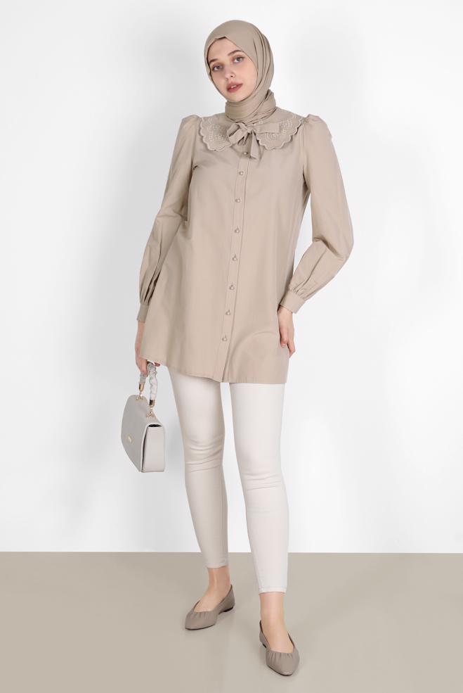 Tesettür giyim  BEBE YAKA DÜĞMELİ PAMUKLU TUNİK 42748  - ALVİNA