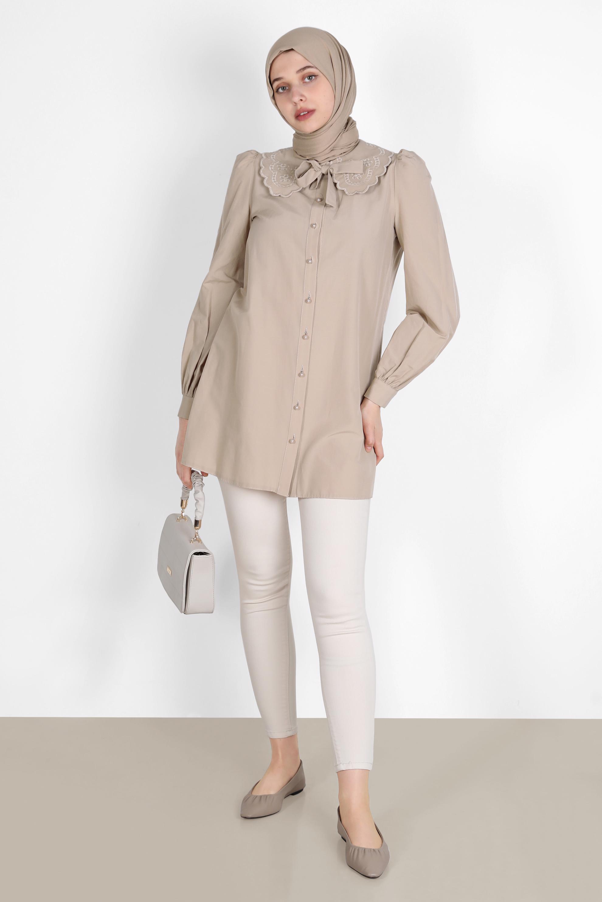 Tesettür giyim BEJ BEBE YAKA DÜĞMELİ PAMUKLU TUNİK 42748 
