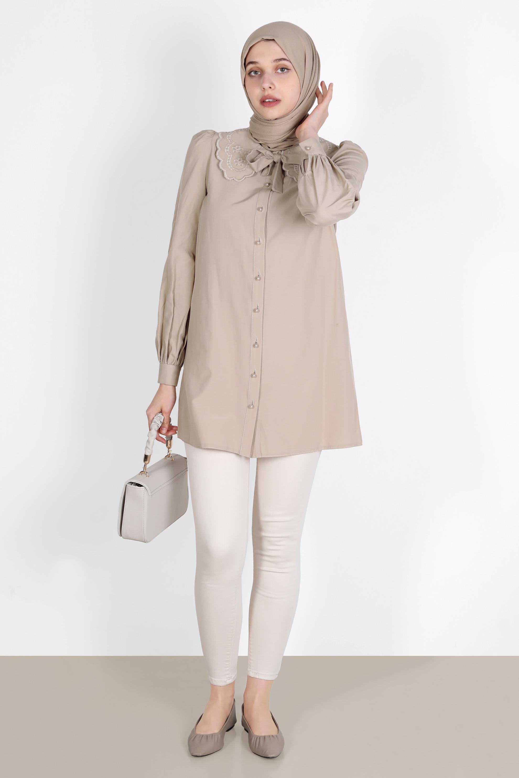 Tesettür giyim BEJ BEBE YAKA DÜĞMELİ PAMUKLU TUNİK 42748 