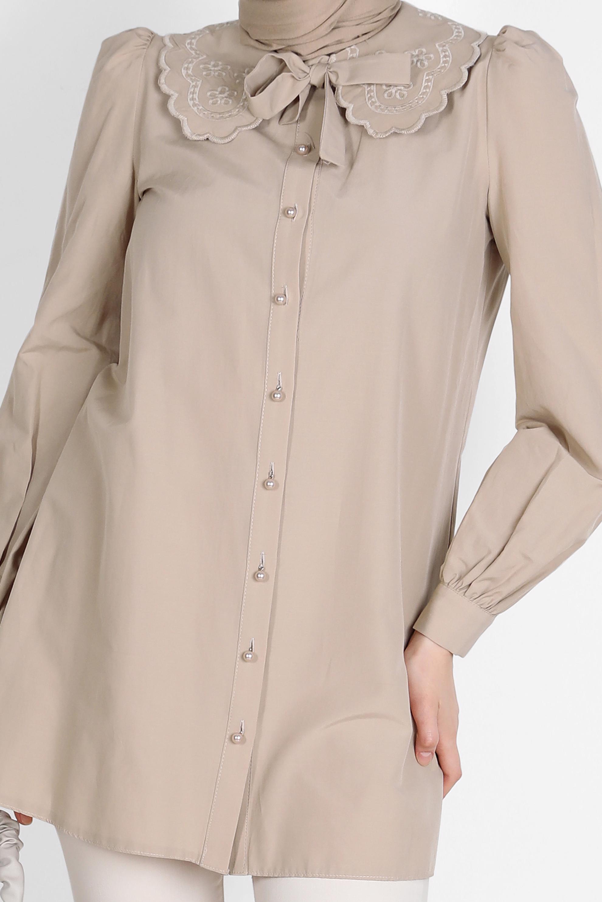 Tesettür giyim BEJ BEBE YAKA DÜĞMELİ PAMUKLU TUNİK 42748 