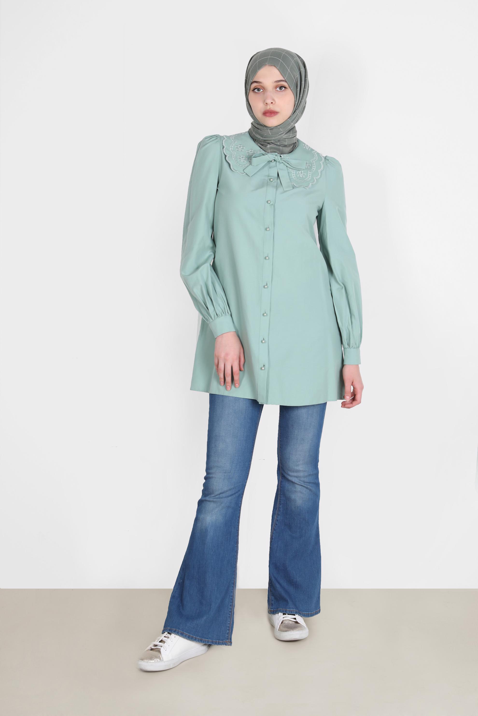 Tesettür giyim MAVİ BEBE YAKA DÜĞMELİ PAMUKLU TUNİK 42748 