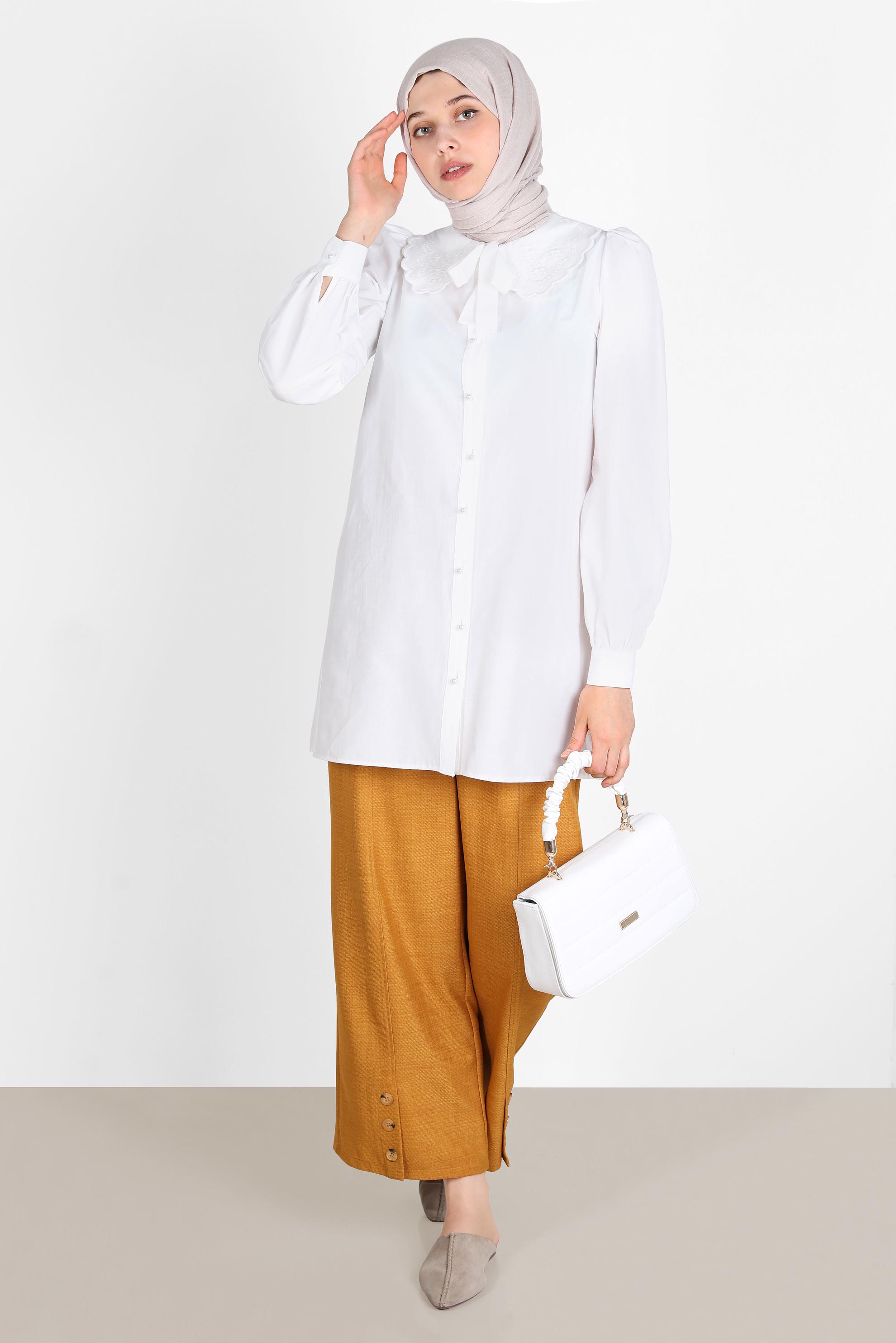 Hijab clothing WHITE ROUND COLLAR BUTTONED COTTON TUNIC 42748 