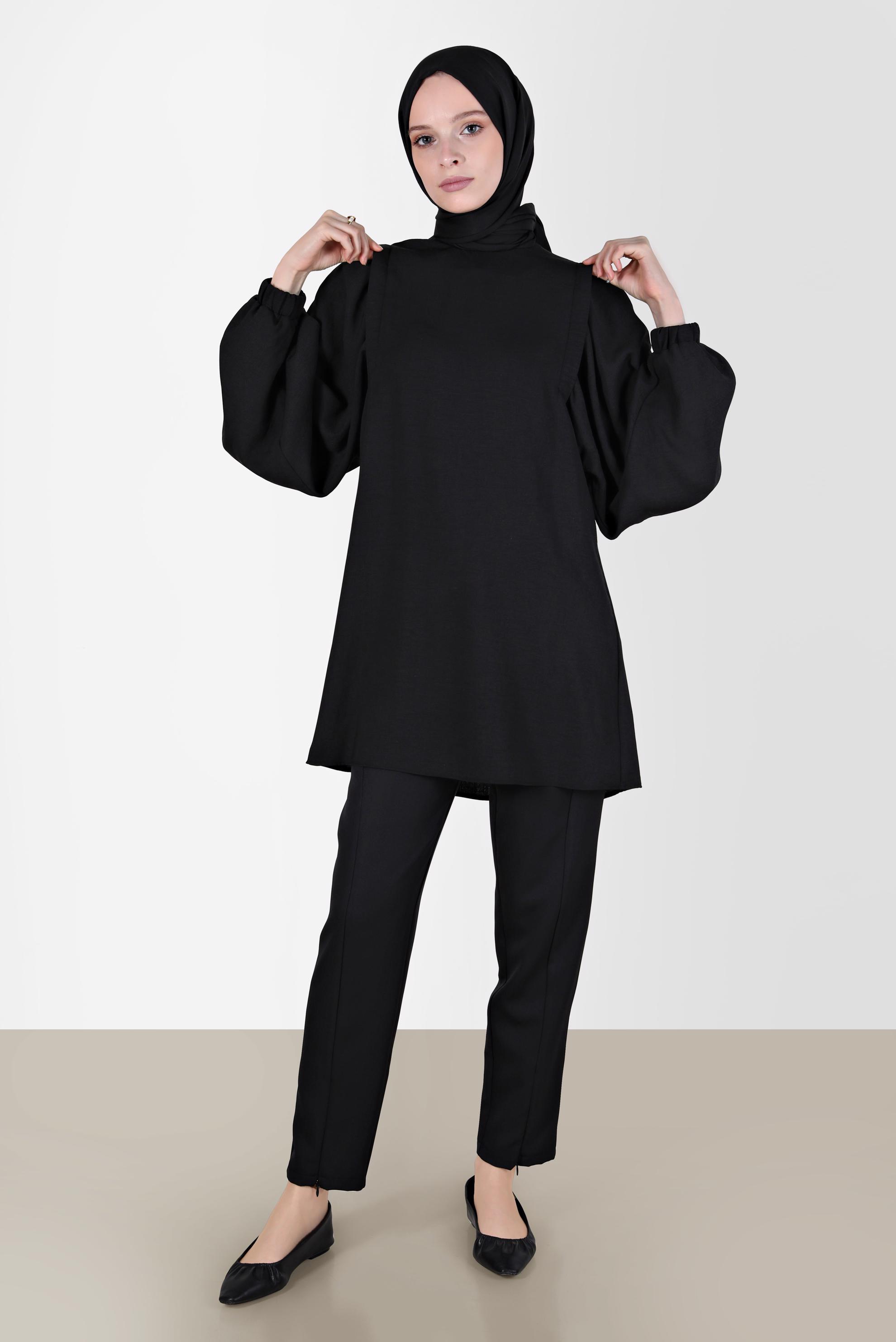 Tesettür giyim SİYAH MANŞETLERİ LASTİKLİ BALON KOL TUNİK 42754 