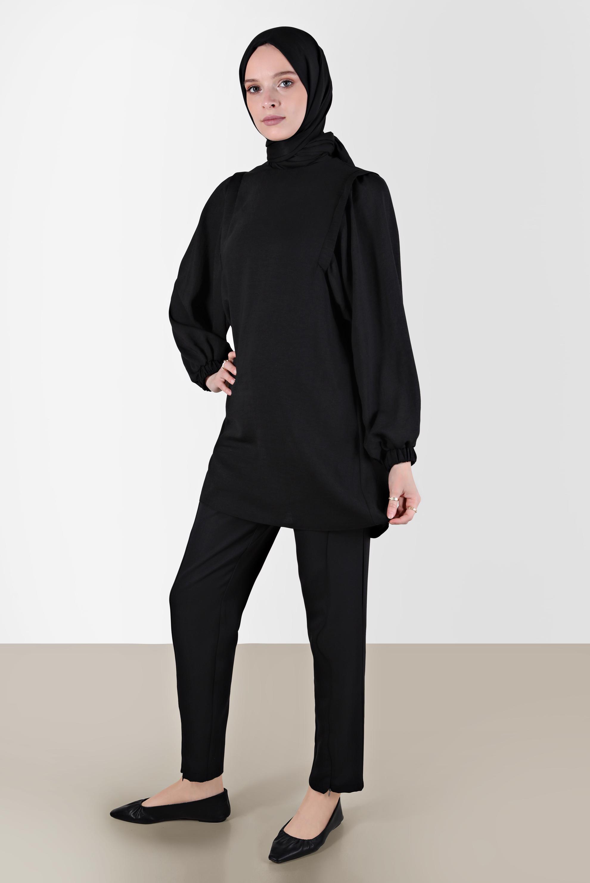 Tesettür giyim SİYAH MANŞETLERİ LASTİKLİ BALON KOL TUNİK 42754 