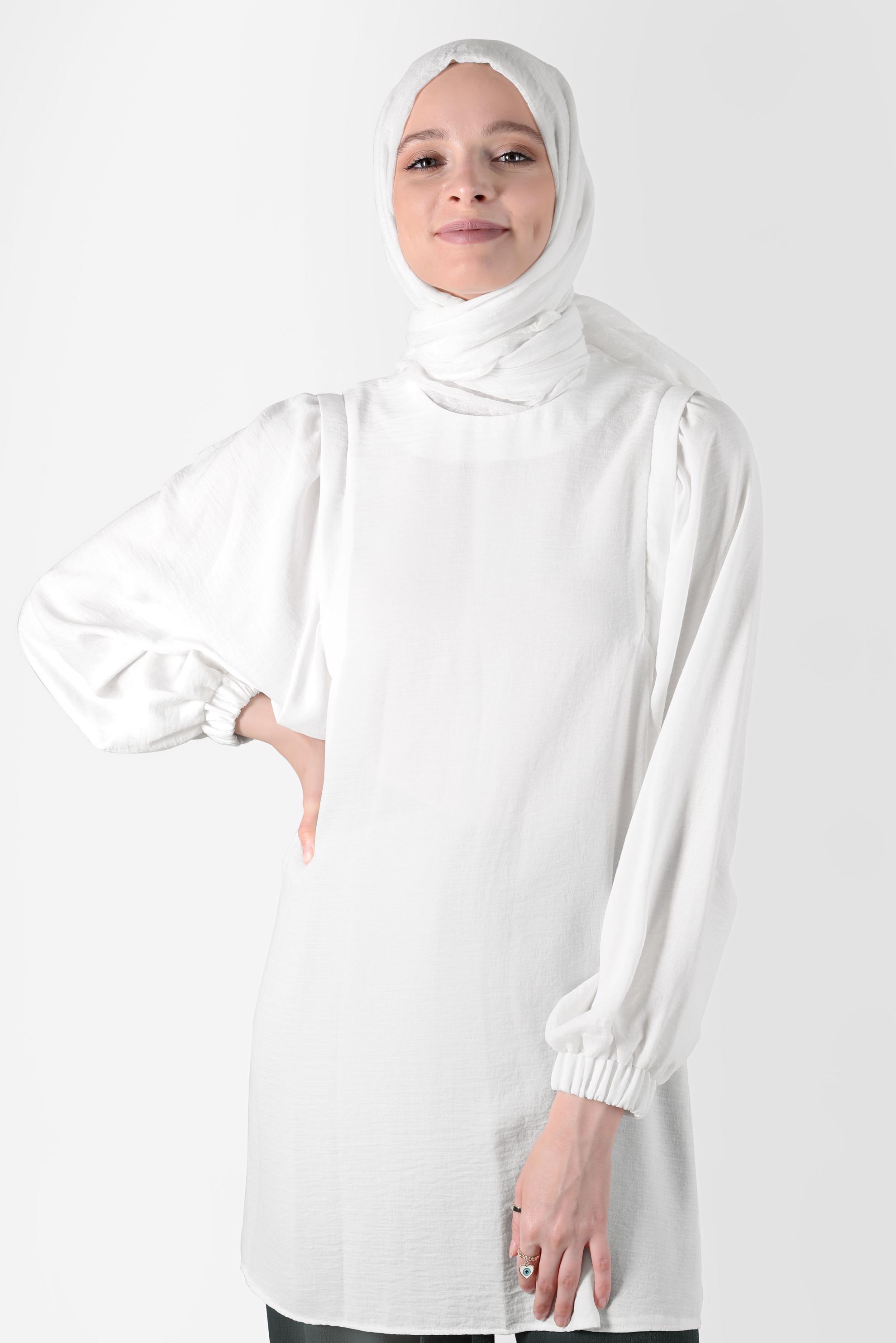 Tesettür giyim BEYAZ MANŞETLERİ LASTİKLİ BALON KOL TUNİK 42754 