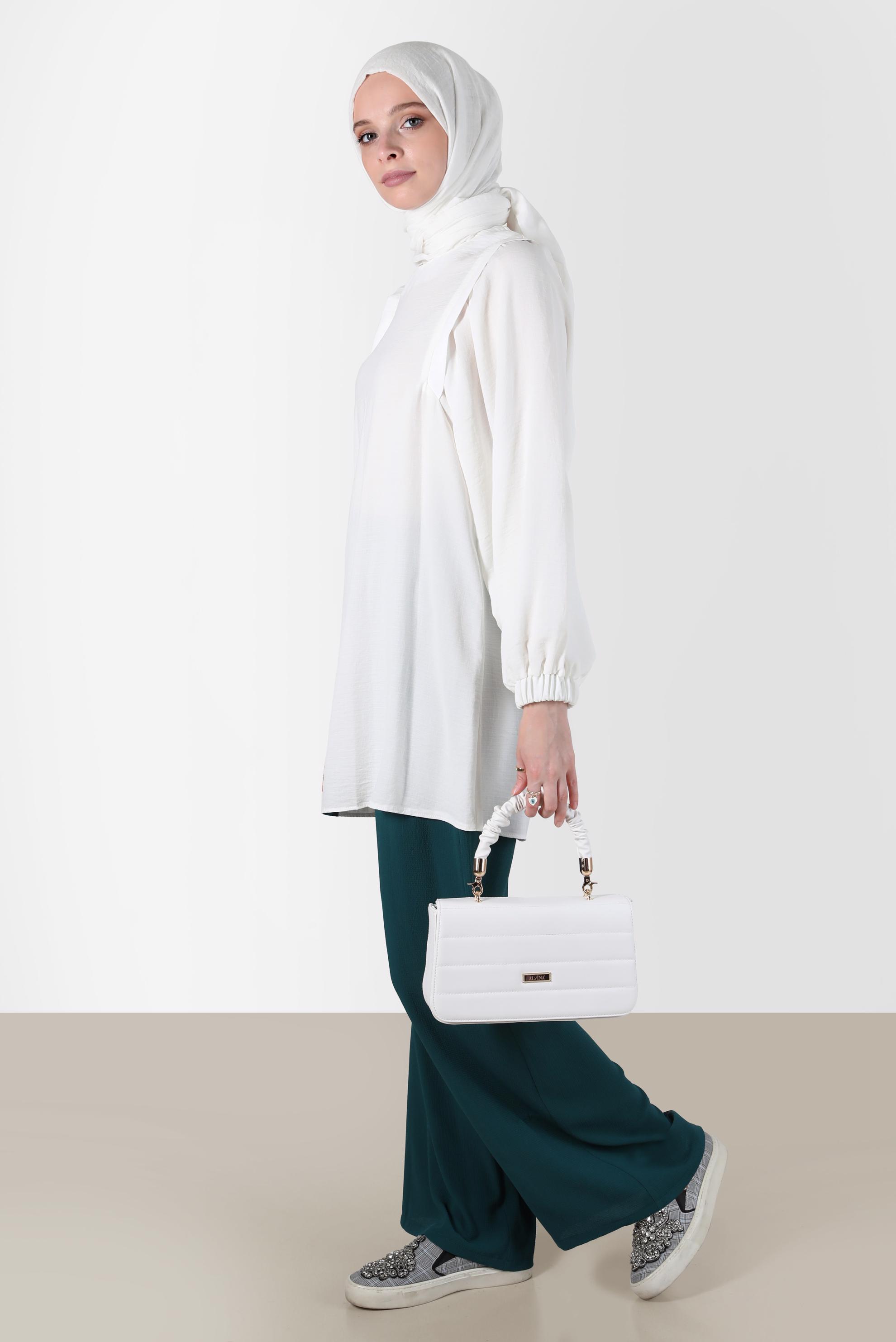 Tesettür giyim BEYAZ MANŞETLERİ LASTİKLİ BALON KOL TUNİK 42754 