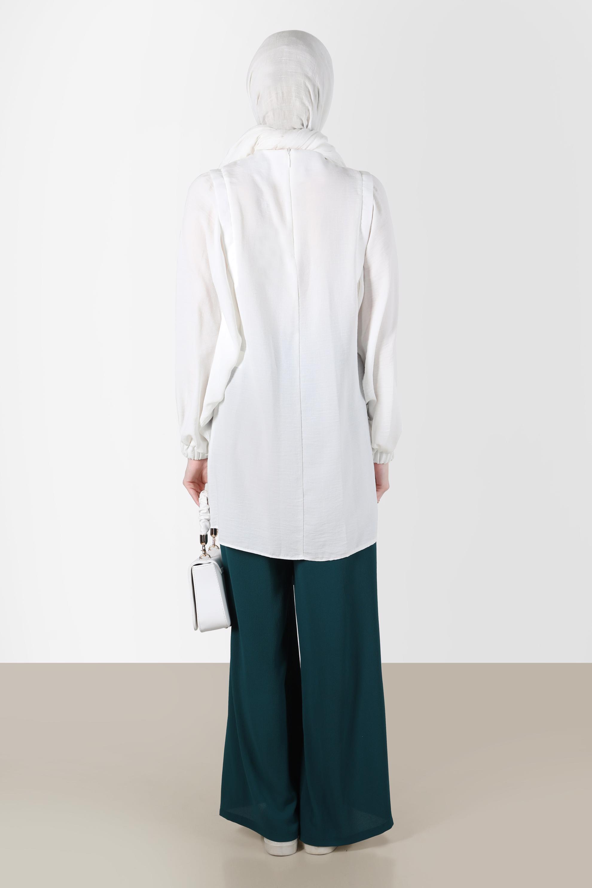 Tesettür giyim BEYAZ MANŞETLERİ LASTİKLİ BALON KOL TUNİK 42754 