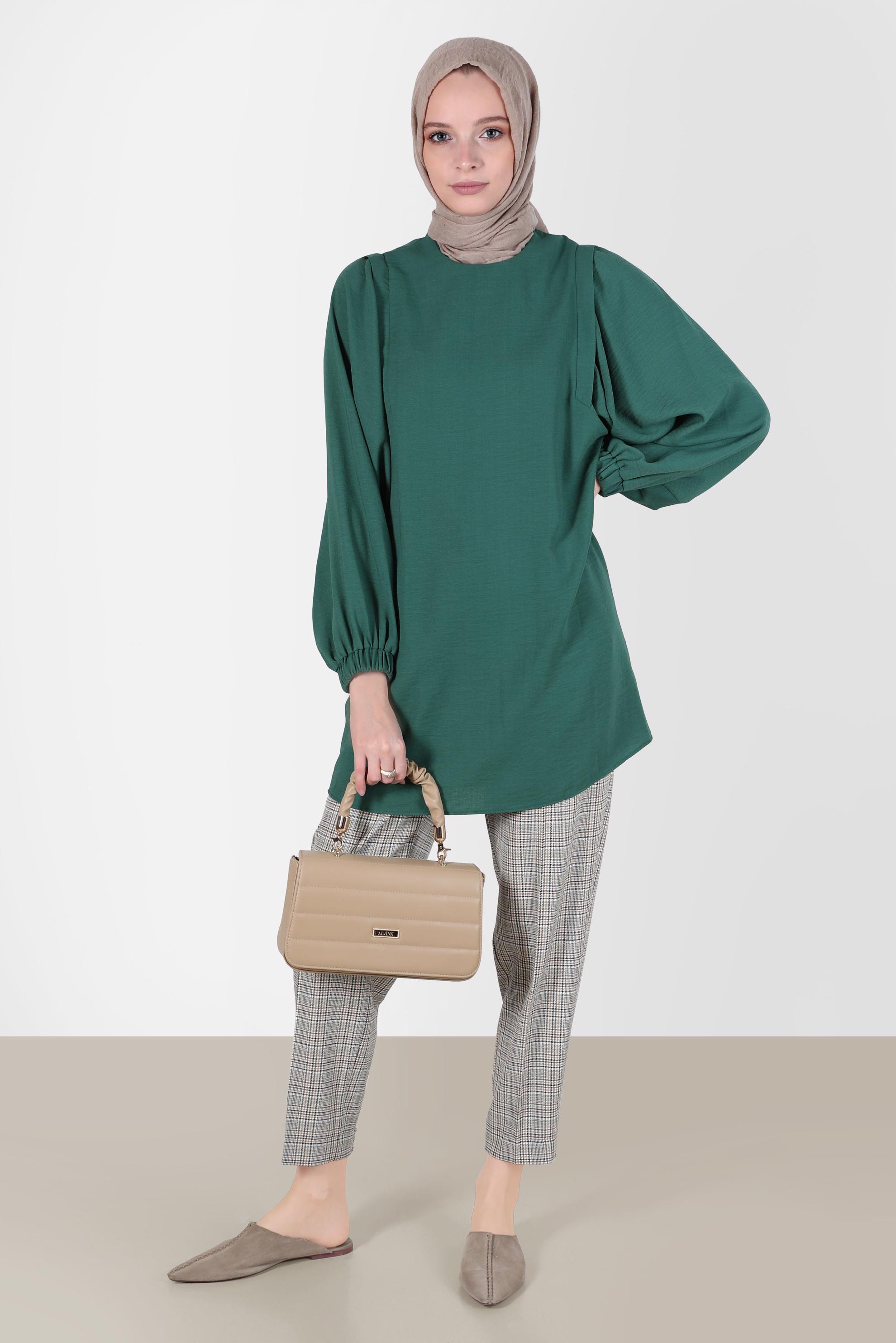 Tesettür giyim YEŞİL MANŞETLERİ LASTİKLİ BALON KOL TUNİK 42754 