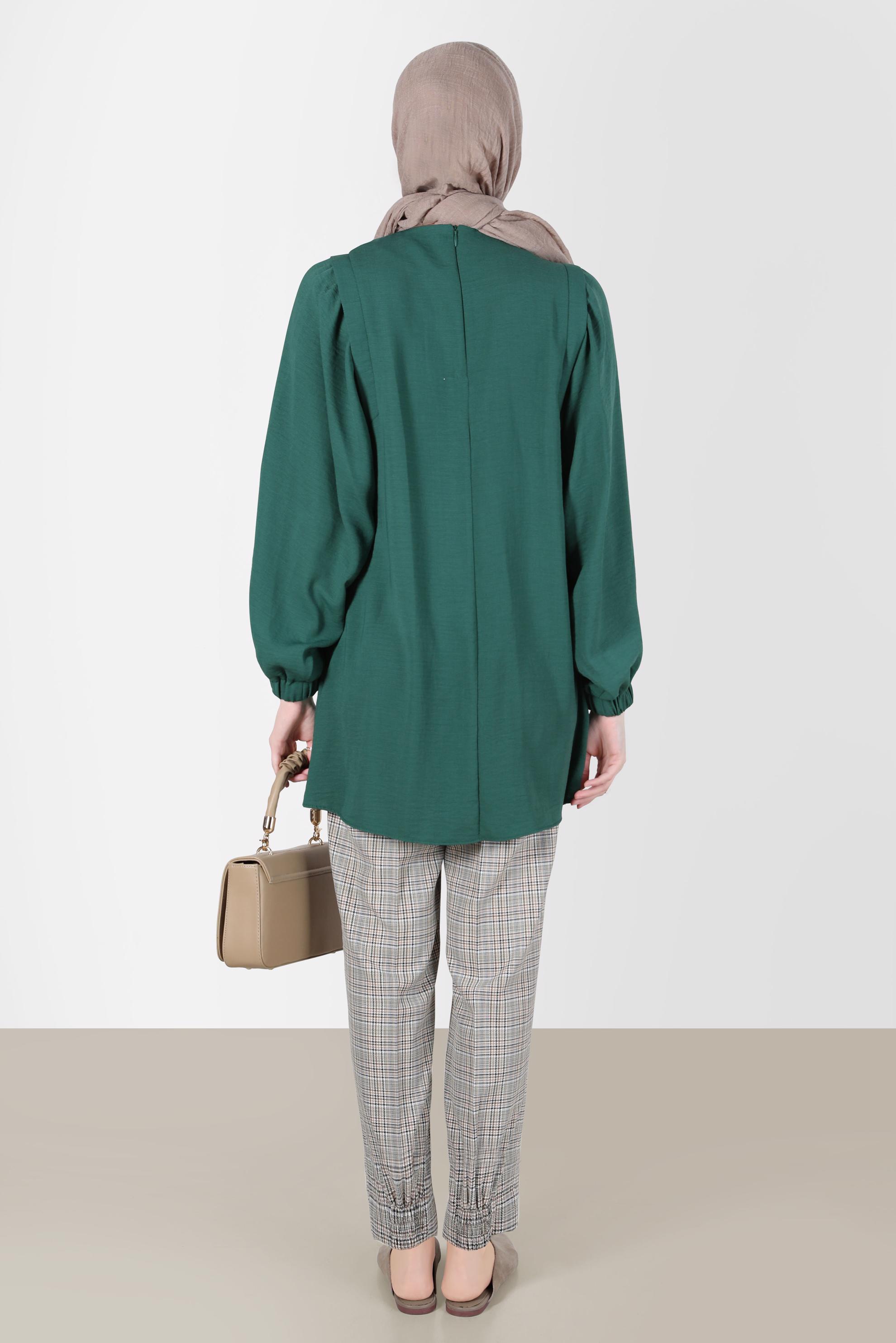 Tesettür giyim YEŞİL MANŞETLERİ LASTİKLİ BALON KOL TUNİK 42754 