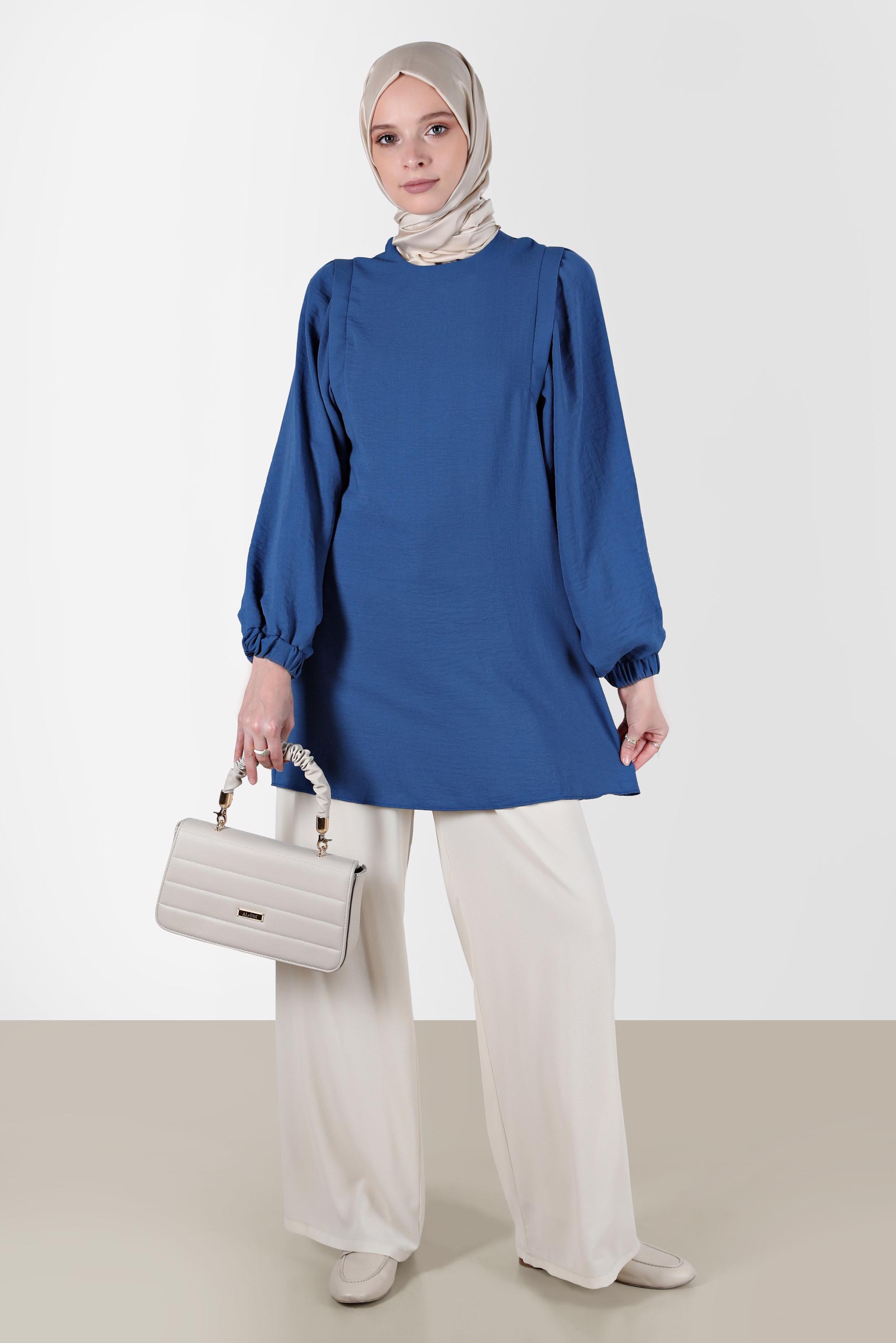 Tesettür giyim LACİVERT MANŞETLERİ LASTİKLİ BALON KOL TUNİK 42754 