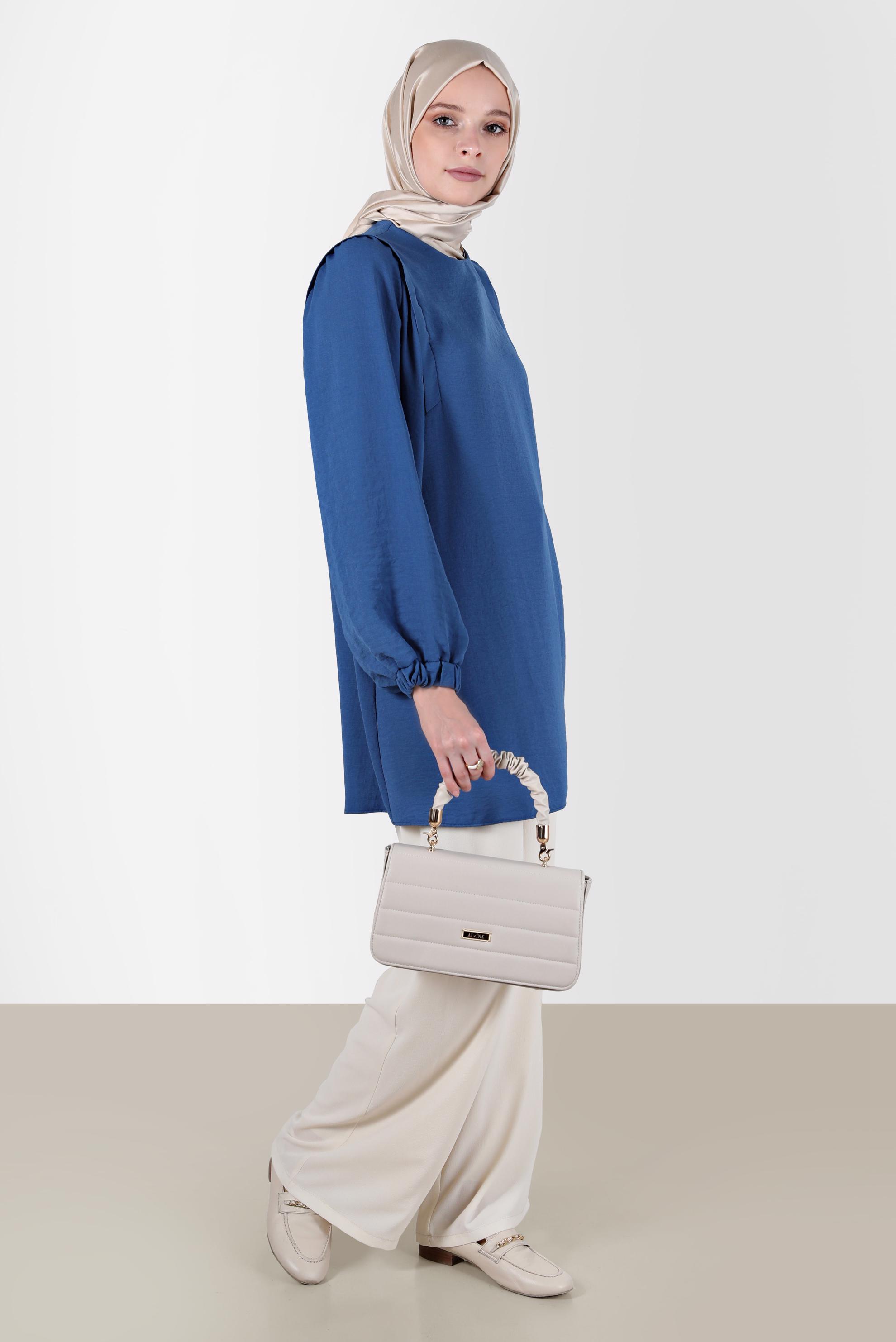 Tesettür giyim LACİVERT MANŞETLERİ LASTİKLİ BALON KOL TUNİK 42754 