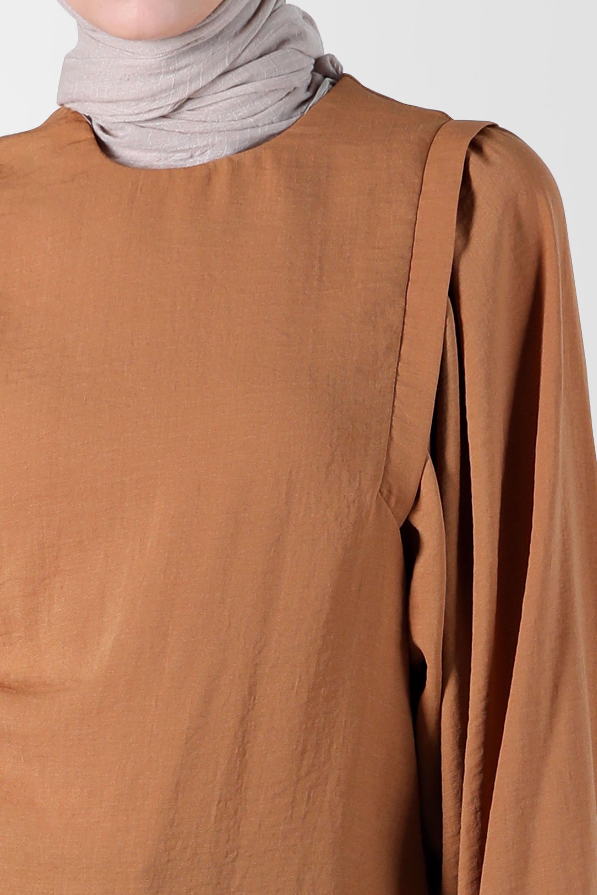 Tesettür giyim KAHVE MANŞETLERİ LASTİKLİ BALON KOL TUNİK 42754 