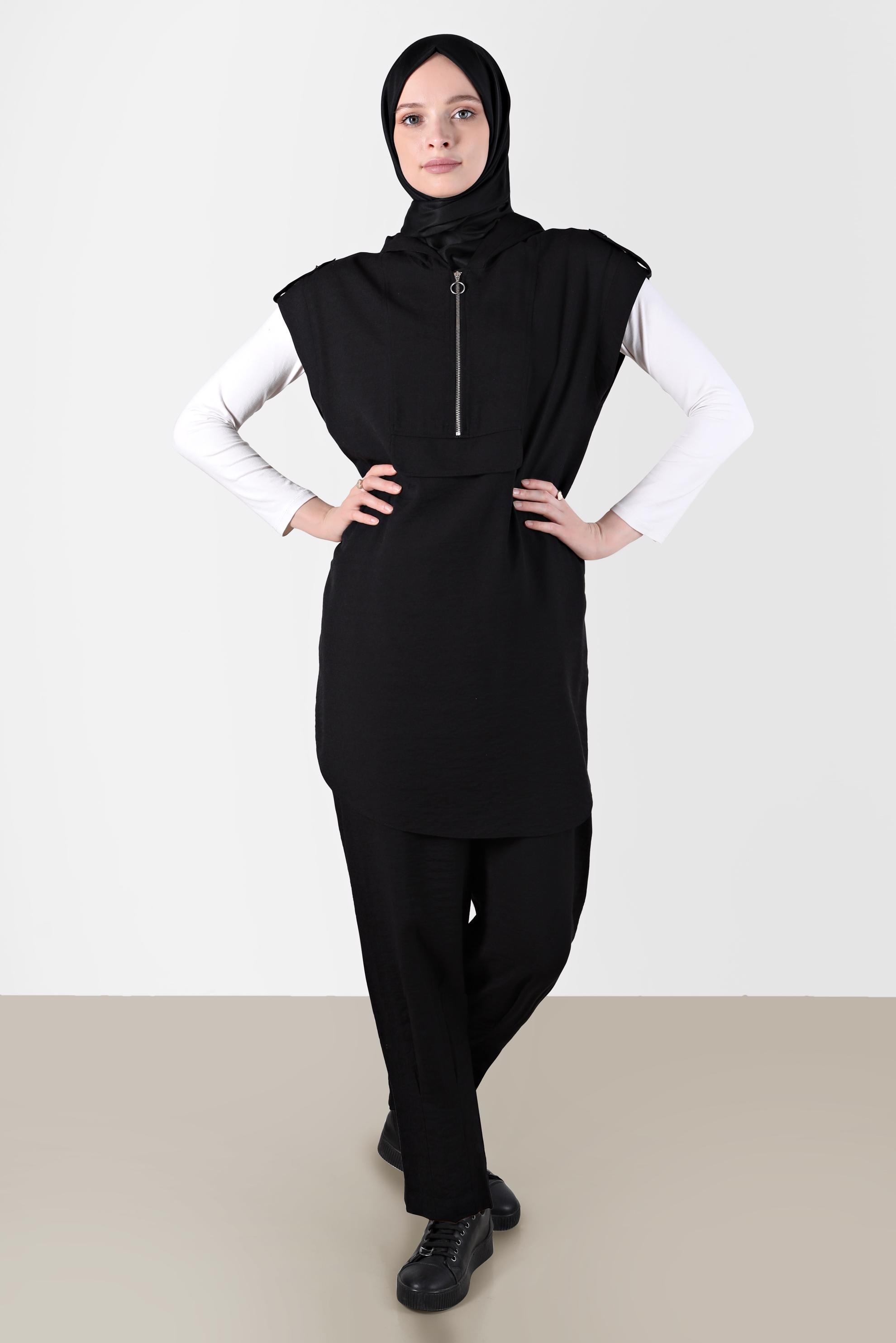 Tesettür giyim SİYAH KISA KOLLU KAPÜŞONLU TUNİK 42767 