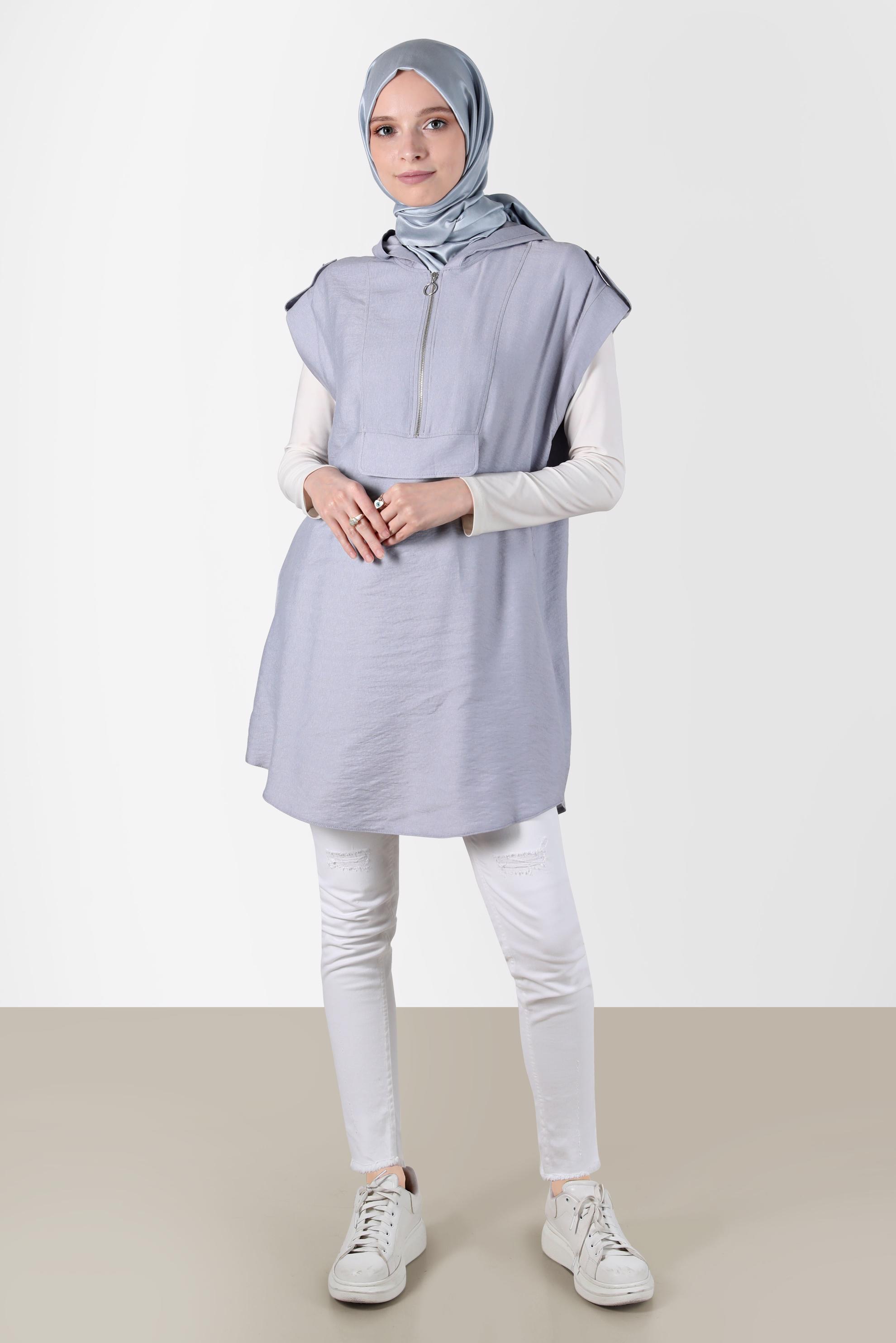 Tesettür giyim GRİ KISA KOLLU KAPÜŞONLU TUNİK 42767 