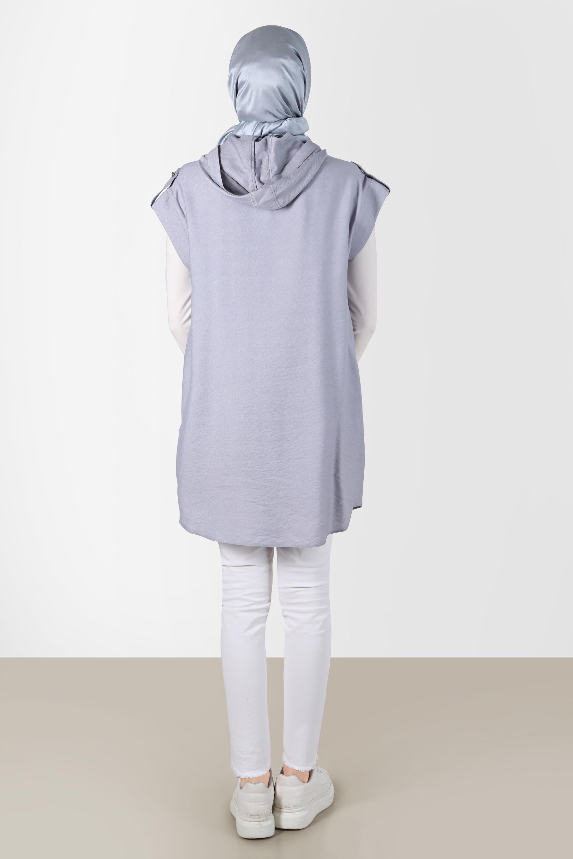 Tesettür giyim GRİ KISA KOLLU KAPÜŞONLU TUNİK 42767 