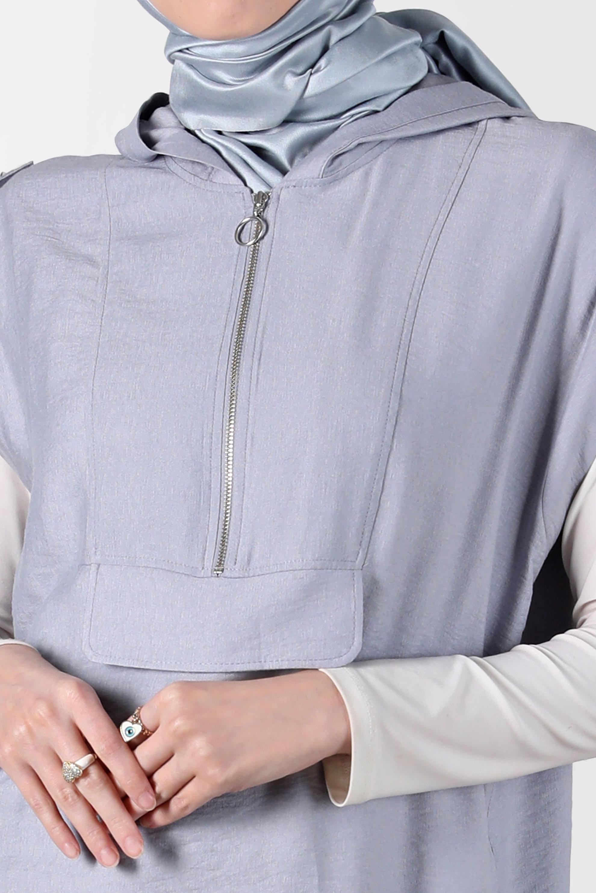 Tesettür giyim GRİ KISA KOLLU KAPÜŞONLU TUNİK 42767 