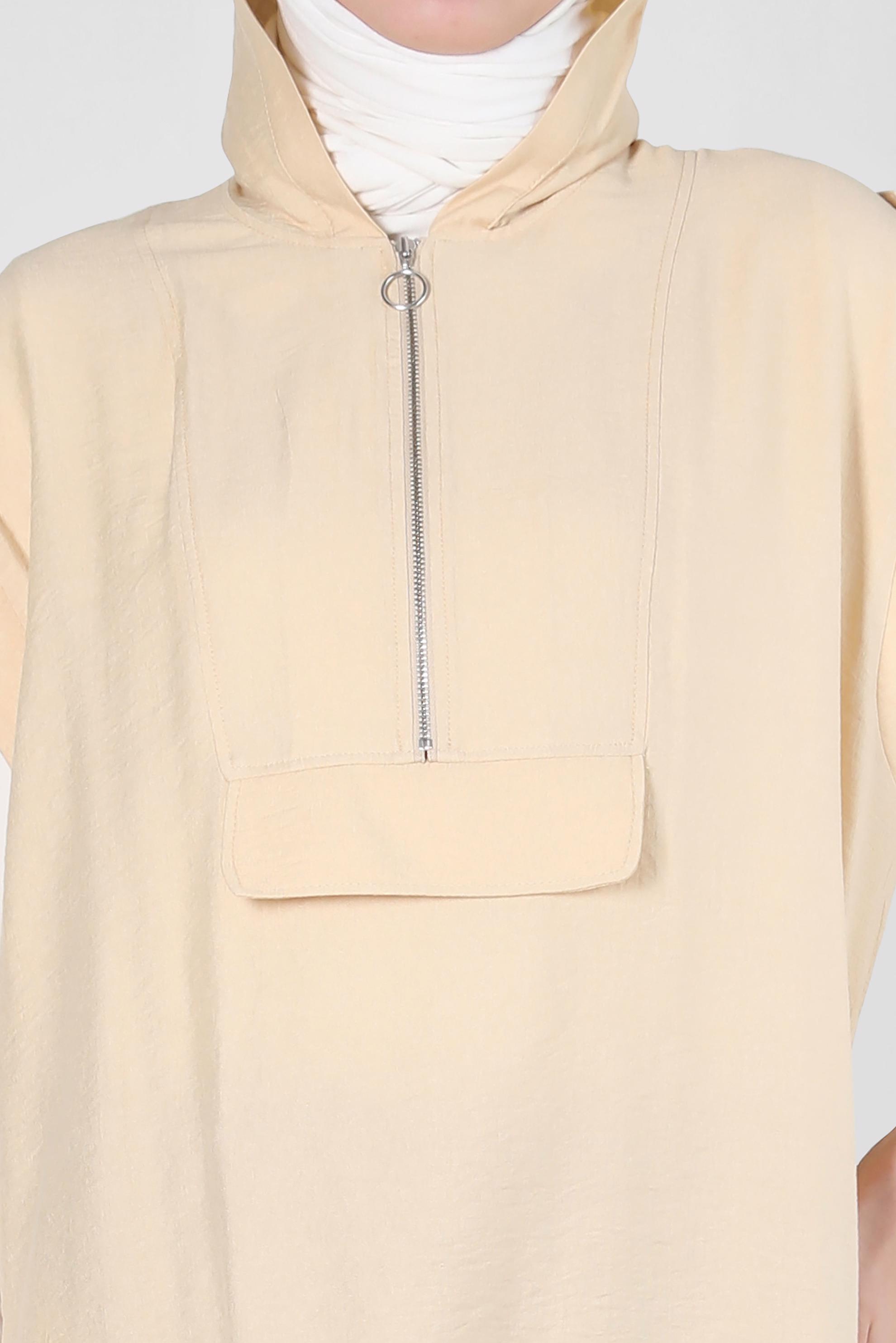 Tesettür giyim BEJ KISA KOLLU KAPÜŞONLU TUNİK 42767 