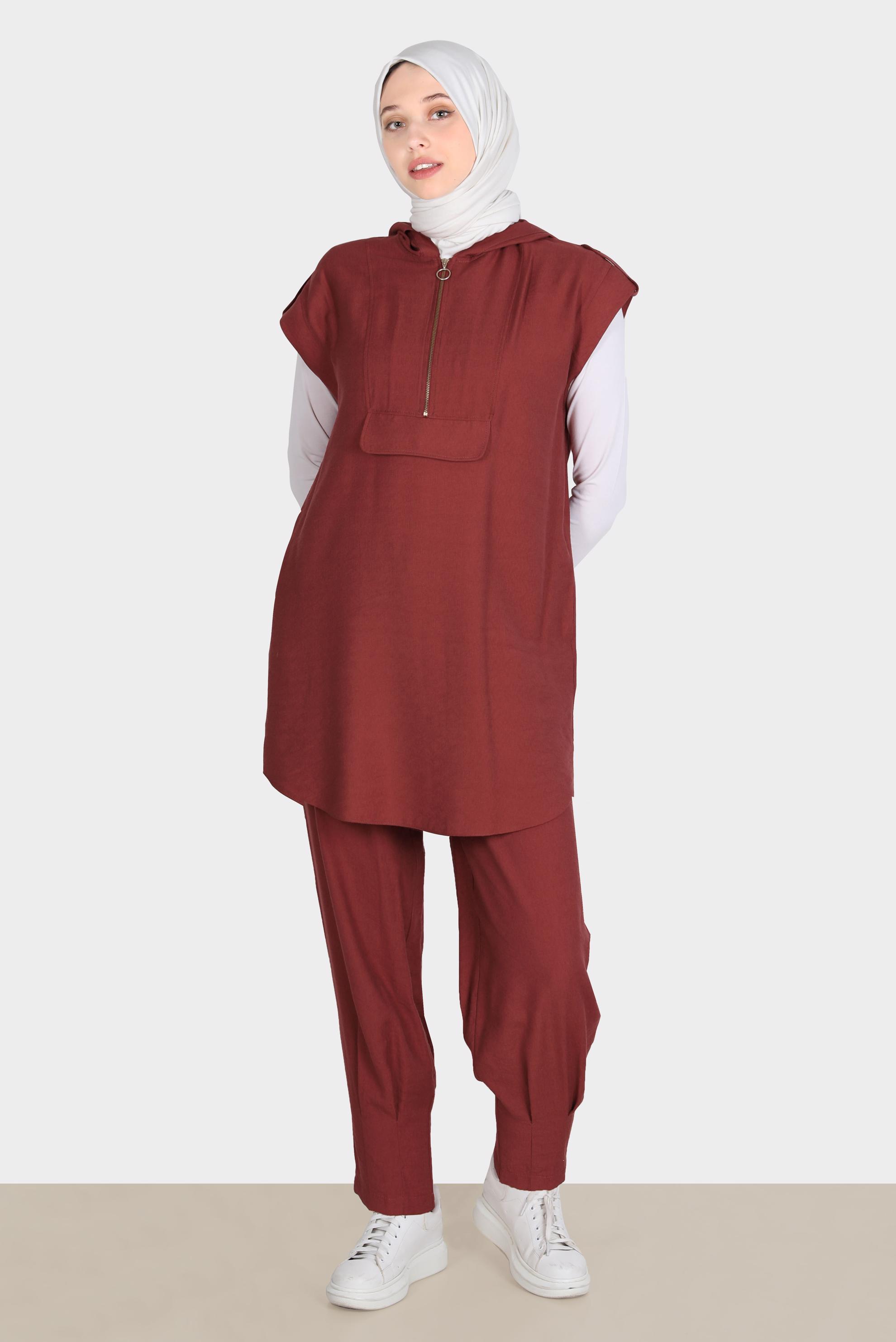 Tesettür giyim BORDO KISA KOLLU KAPÜŞONLU TUNİK 42767 