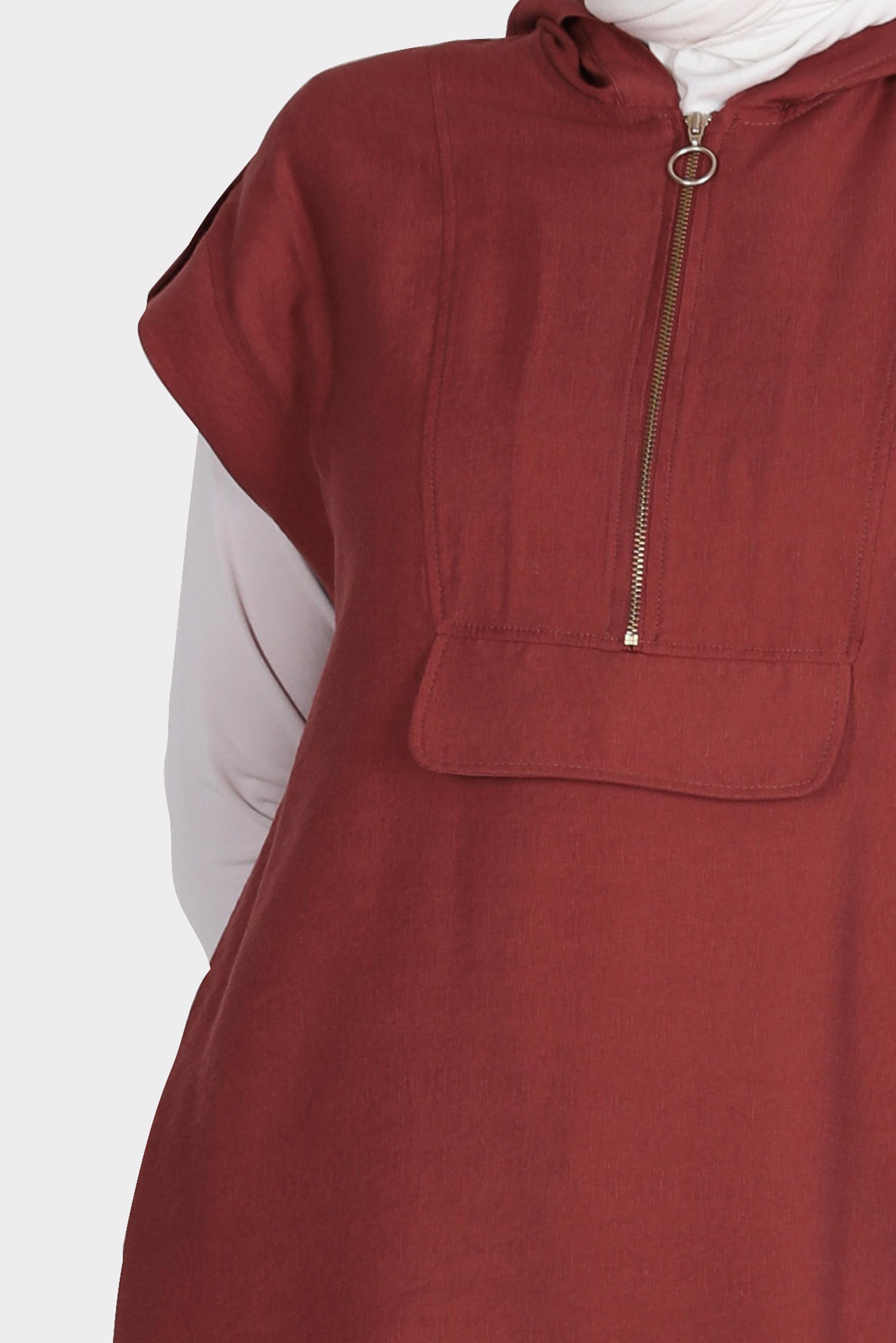 Tesettür giyim BORDO KISA KOLLU KAPÜŞONLU TUNİK 42767 