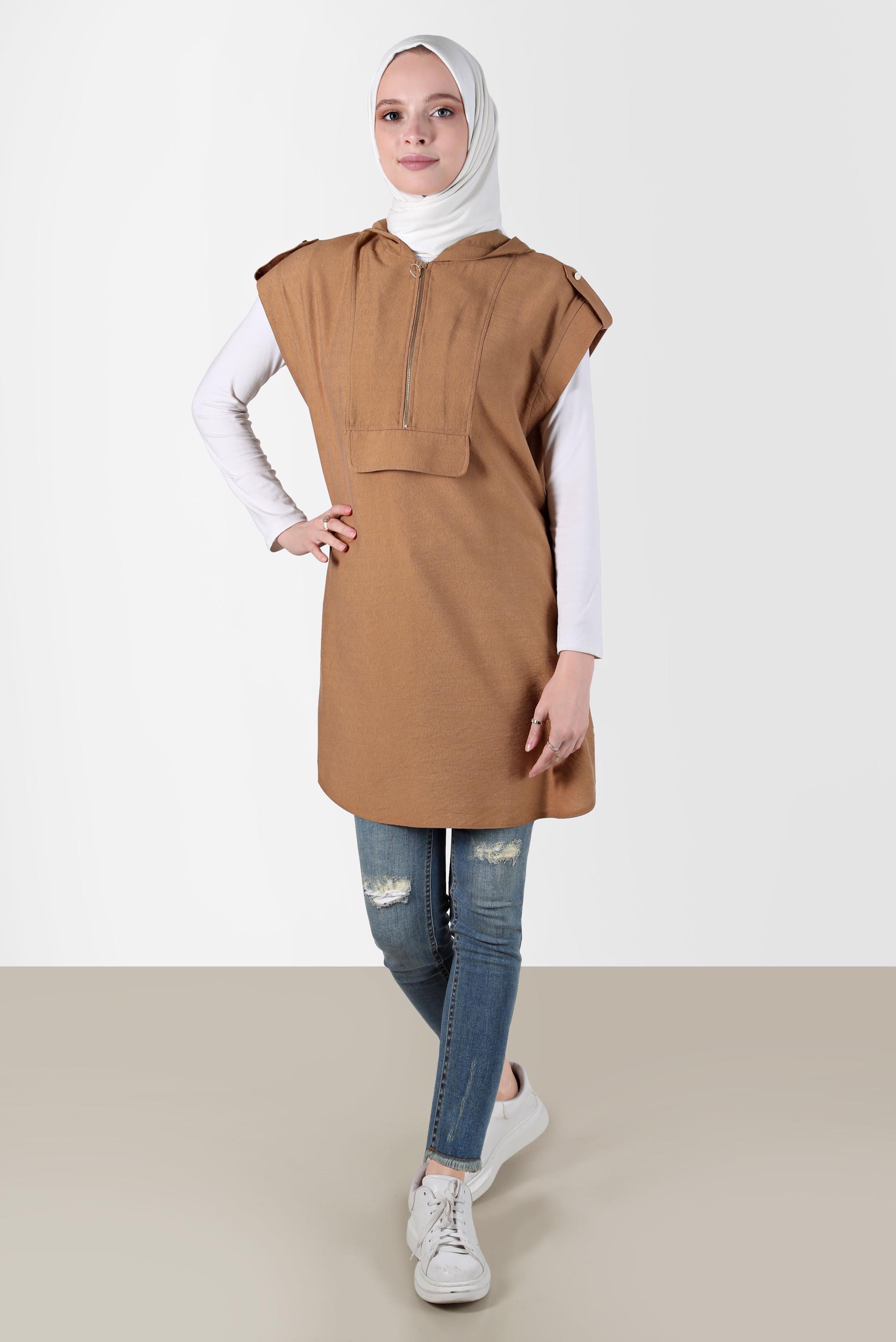 Tesettür giyim KAHVE KISA KOLLU KAPÜŞONLU TUNİK 42767 