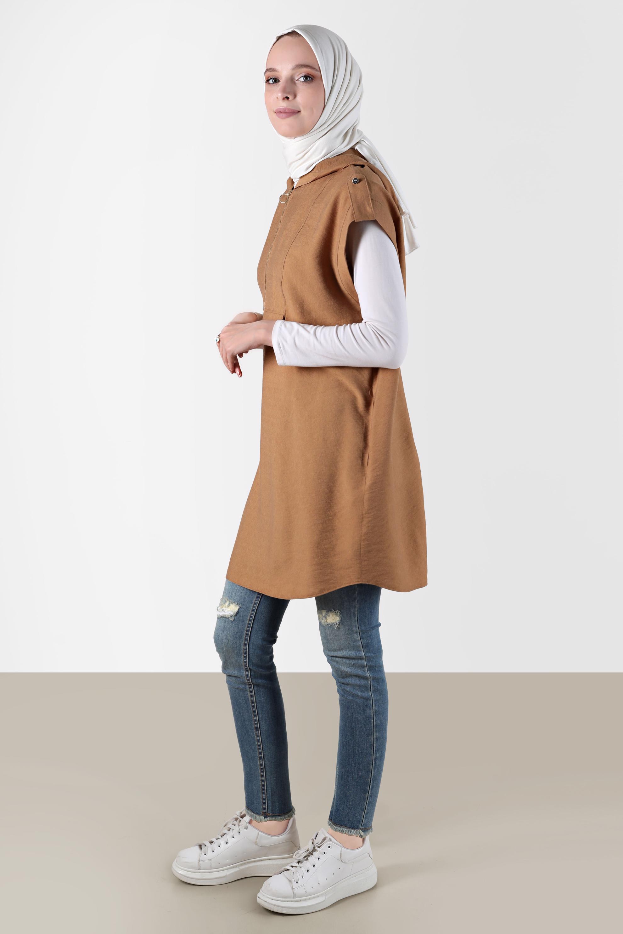 Tesettür giyim KAHVE KISA KOLLU KAPÜŞONLU TUNİK 42767 