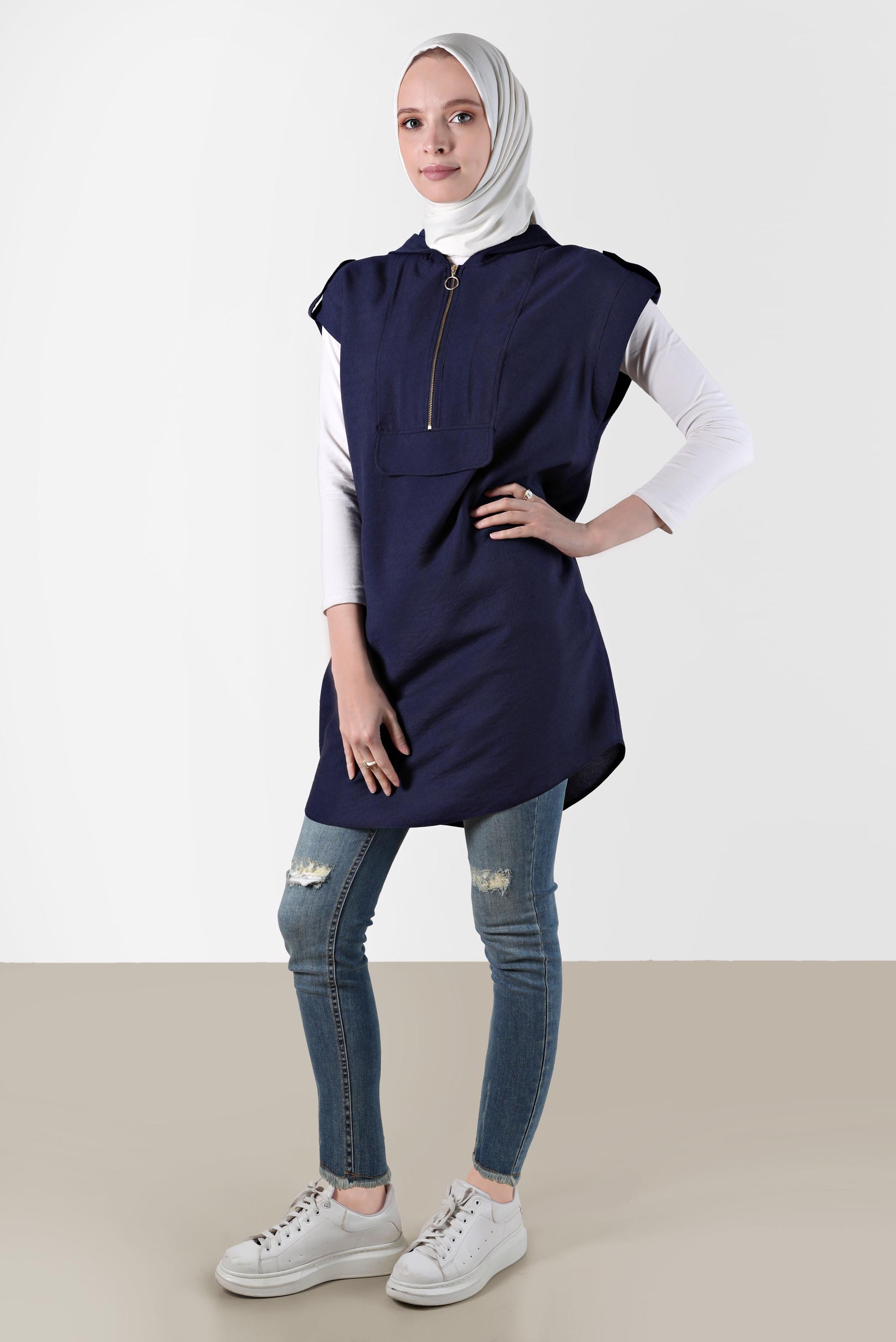 Tesettür giyim LACİVERT KISA KOLLU KAPÜŞONLU TUNİK 42767 