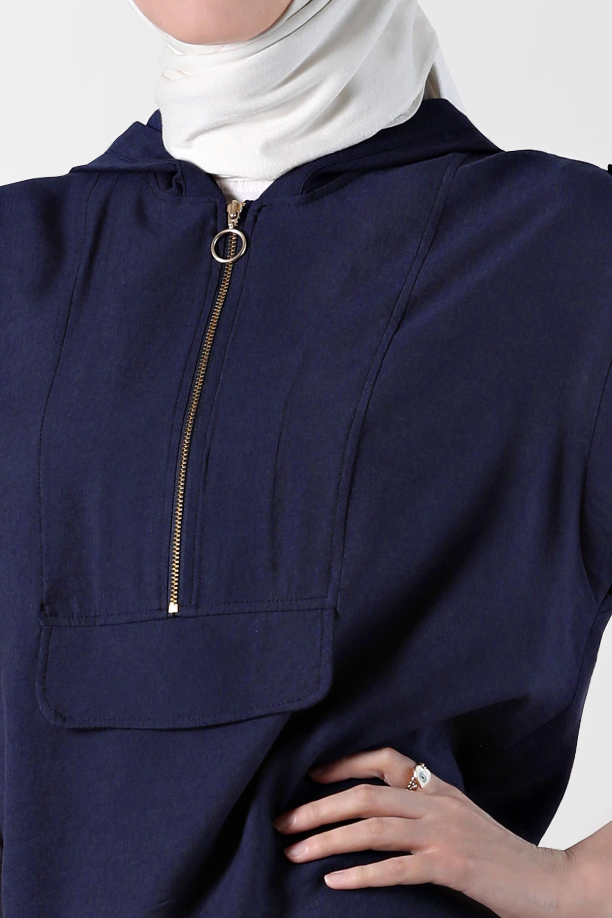 Tesettür giyim LACİVERT KISA KOLLU KAPÜŞONLU TUNİK 42767 