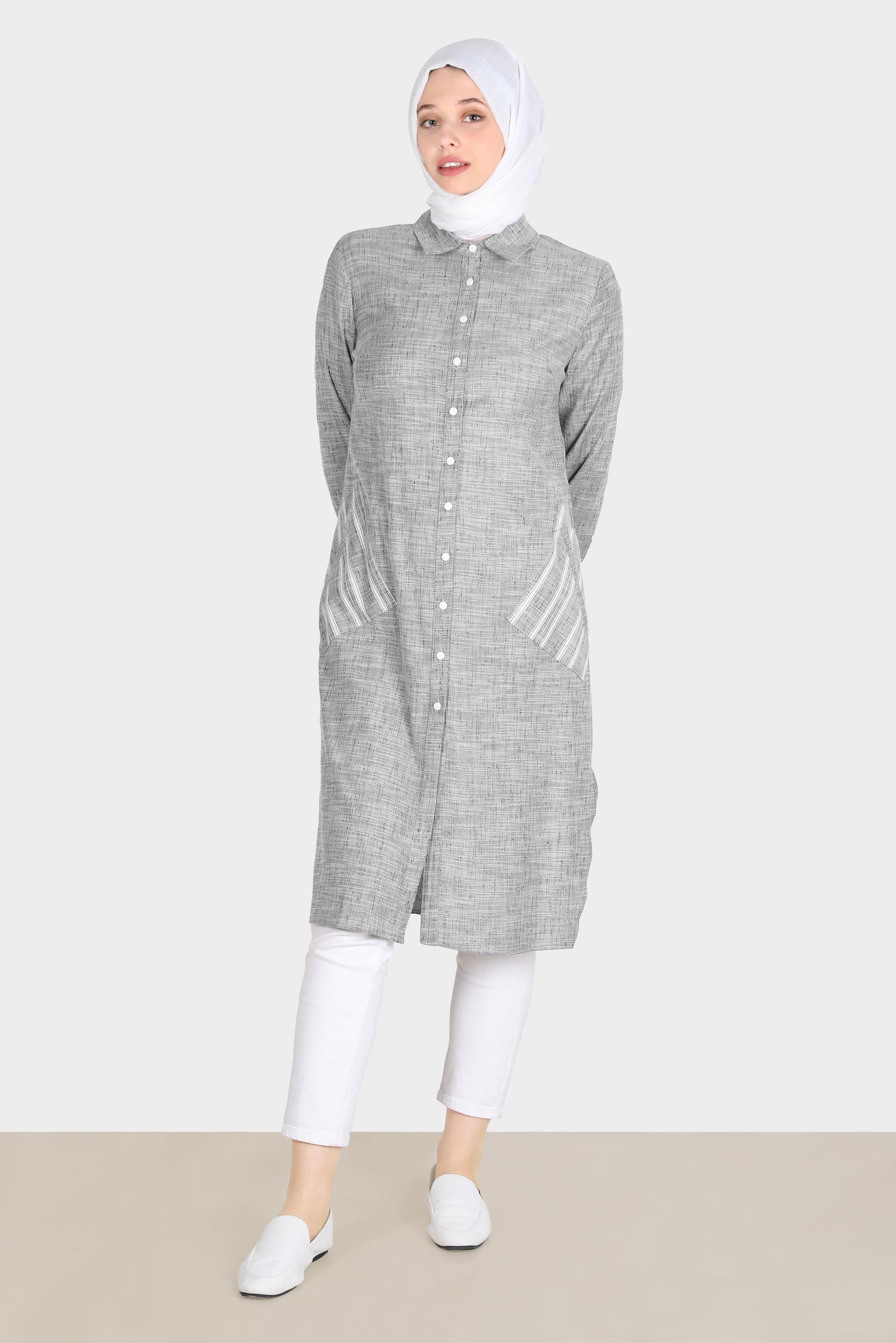 Tesettür giyim SİYAH KETEN GÖRÜNÜMLÜ DÜĞMELİ TUNİK 42779