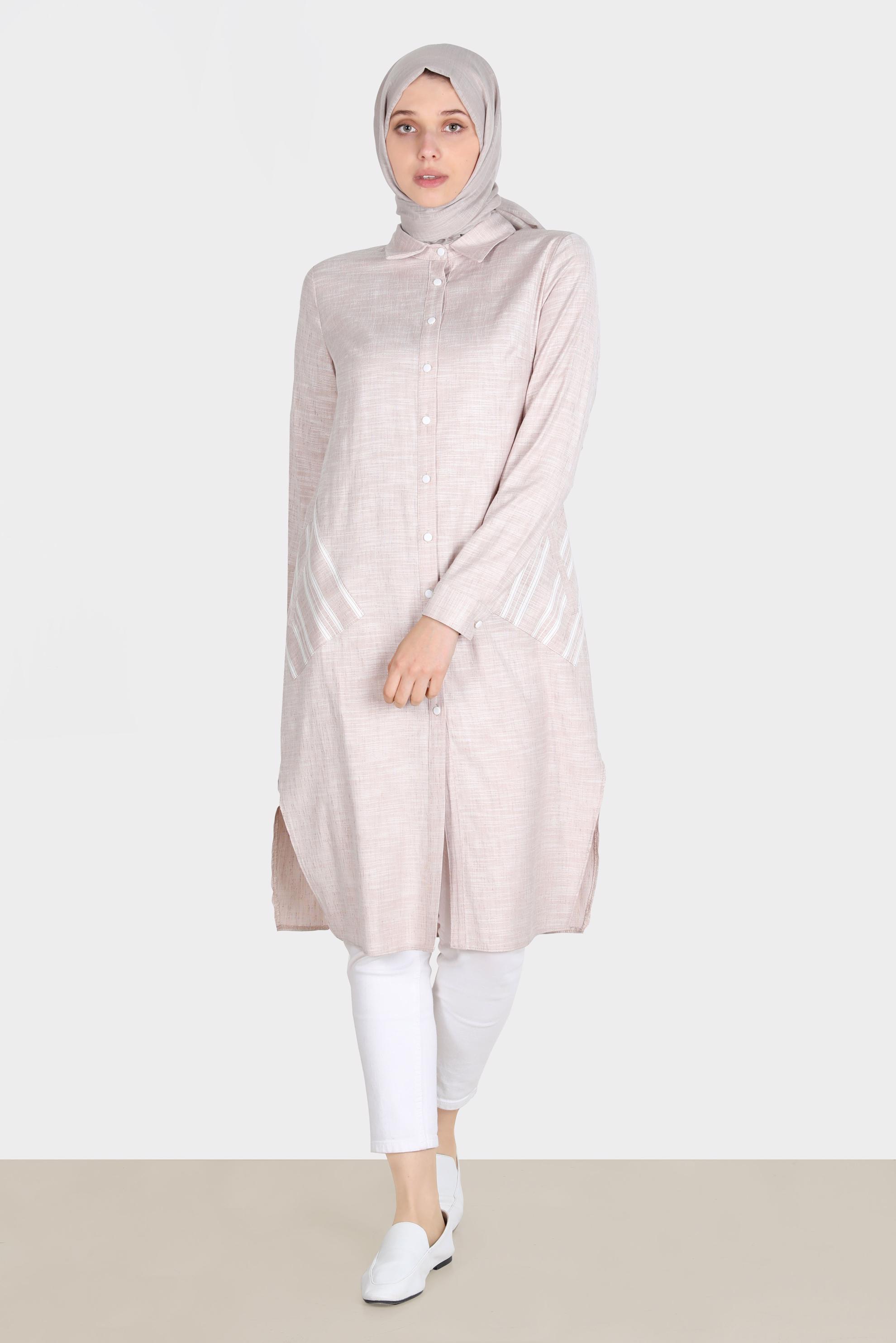 Tesettür giyim KAHVE KETEN GÖRÜNÜMLÜ DÜĞMELİ TUNİK 42779