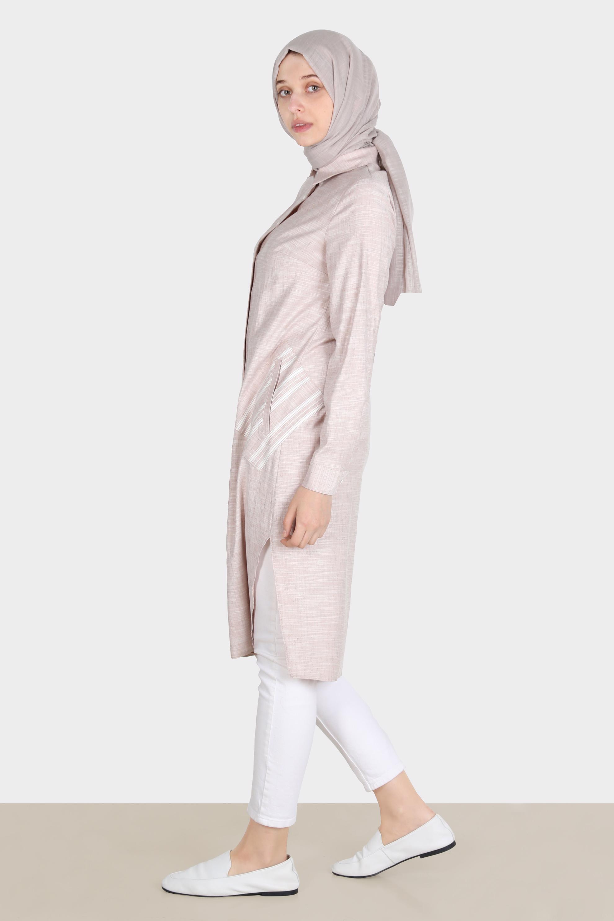 Tesettür giyim KAHVE KETEN GÖRÜNÜMLÜ DÜĞMELİ TUNİK 42779