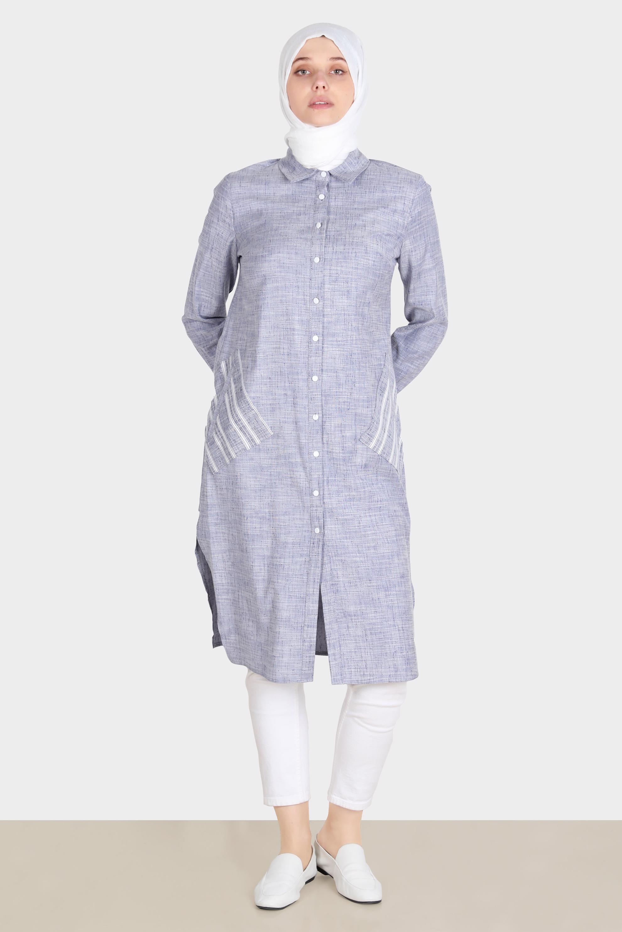 Tesettür giyim LACİVERT KETEN GÖRÜNÜMLÜ DÜĞMELİ TUNİK 42779