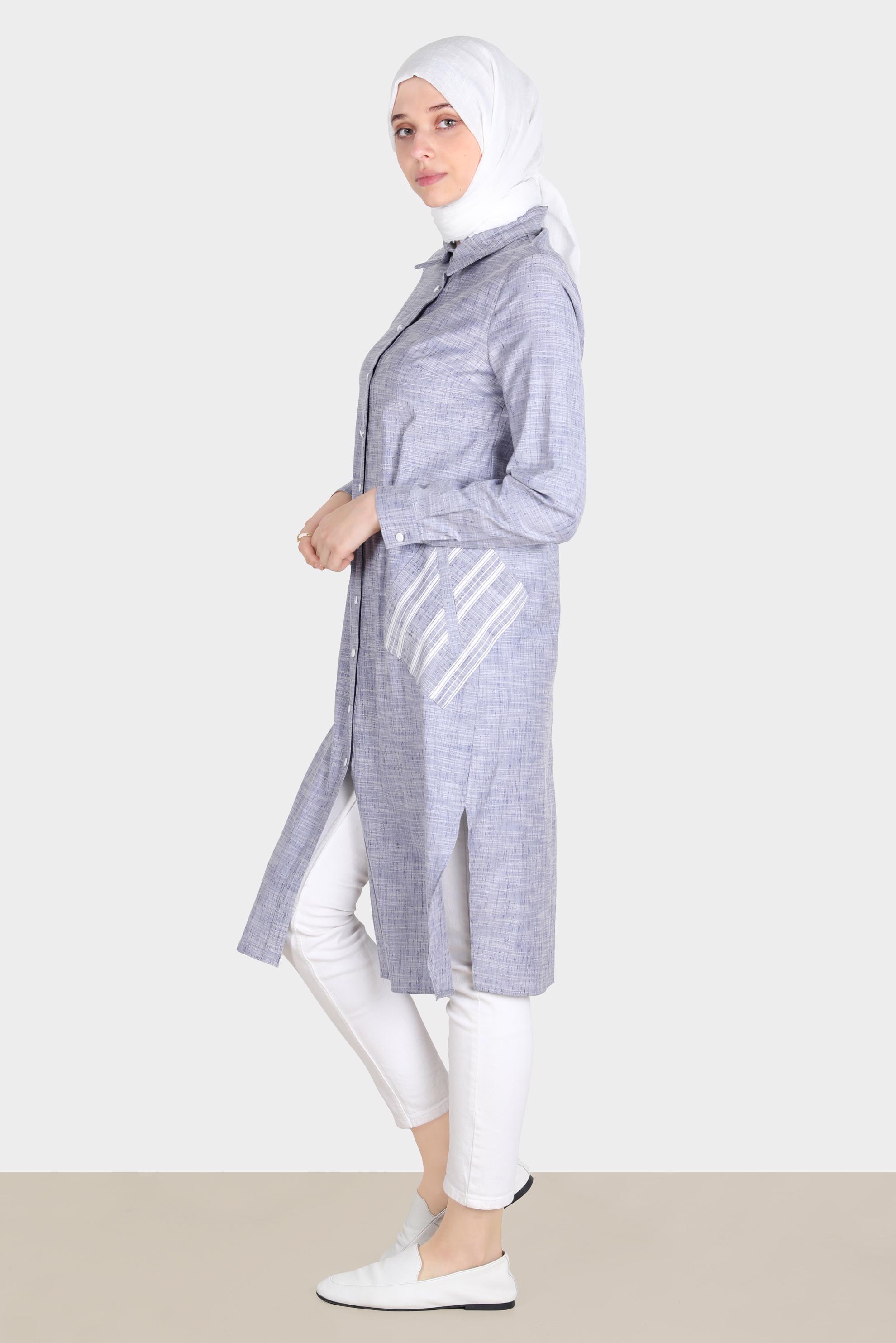 Tesettür giyim LACİVERT KETEN GÖRÜNÜMLÜ DÜĞMELİ TUNİK 42779