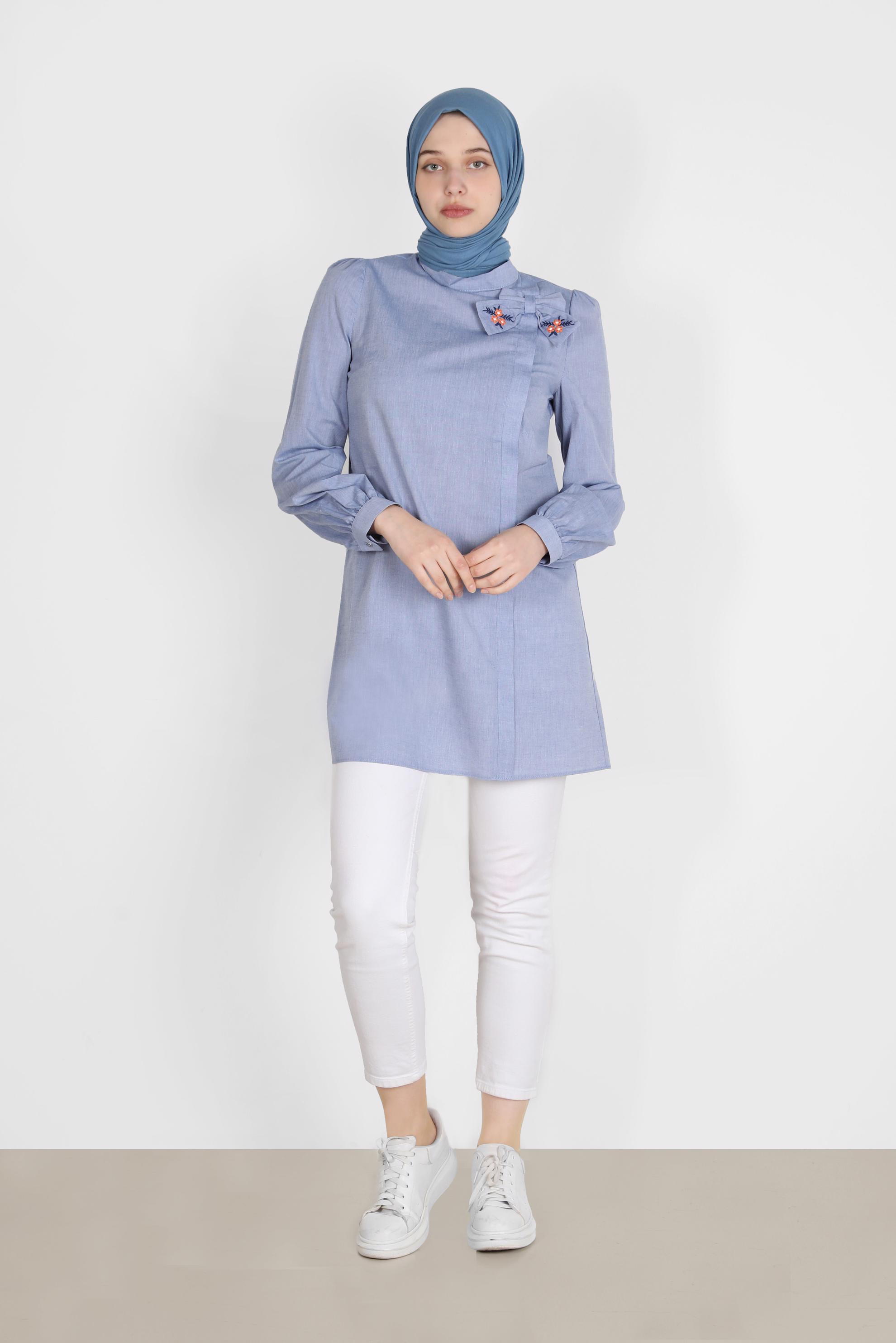 Tesettür giyim LACİVERT NAKIŞLI FİYONK DETAYLI TUNİK 42780 